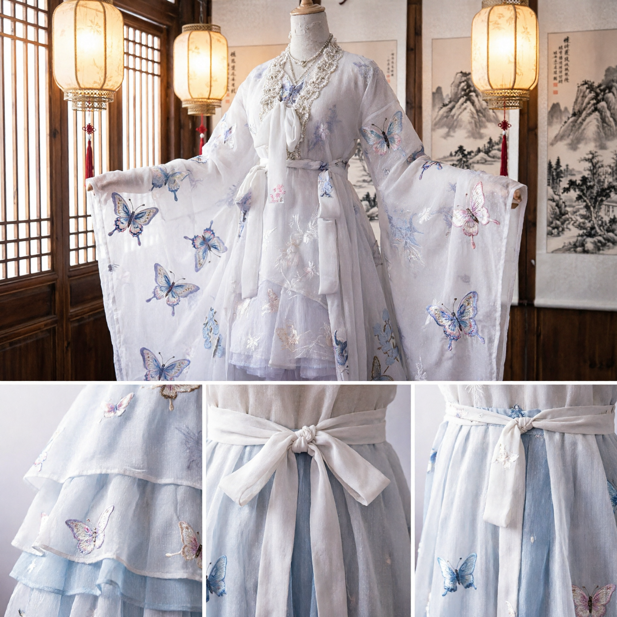 Ancient Chinese Hanfu White Fairy Dress Blue Floral Wide Sleeve Tang Dynasty Costume for Women - Asian Costume