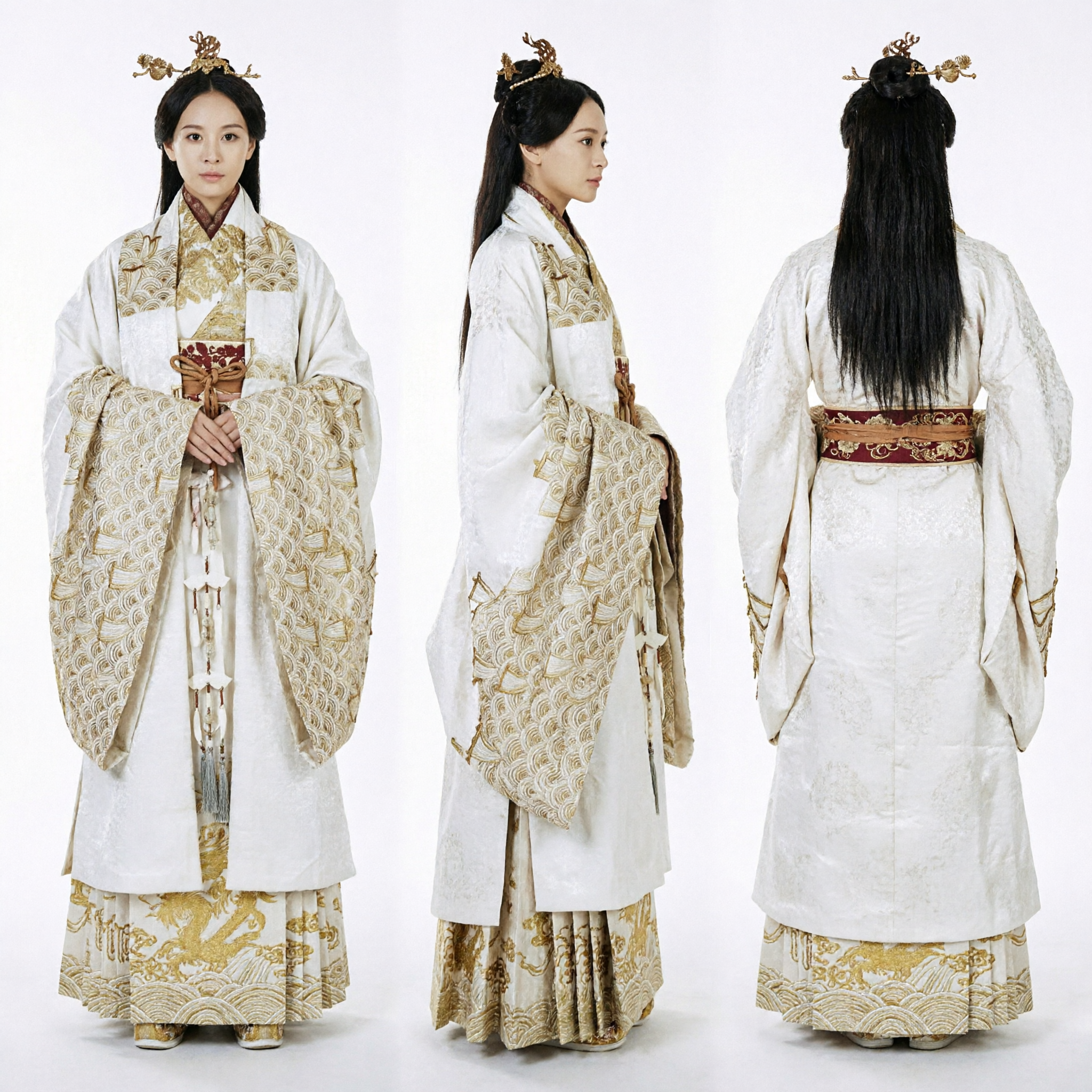 Ancient Chinese Hanfu Costume White Gold Embroidery Han Dynasty Noble Lady Traditional Dress for Women - Asian Costume