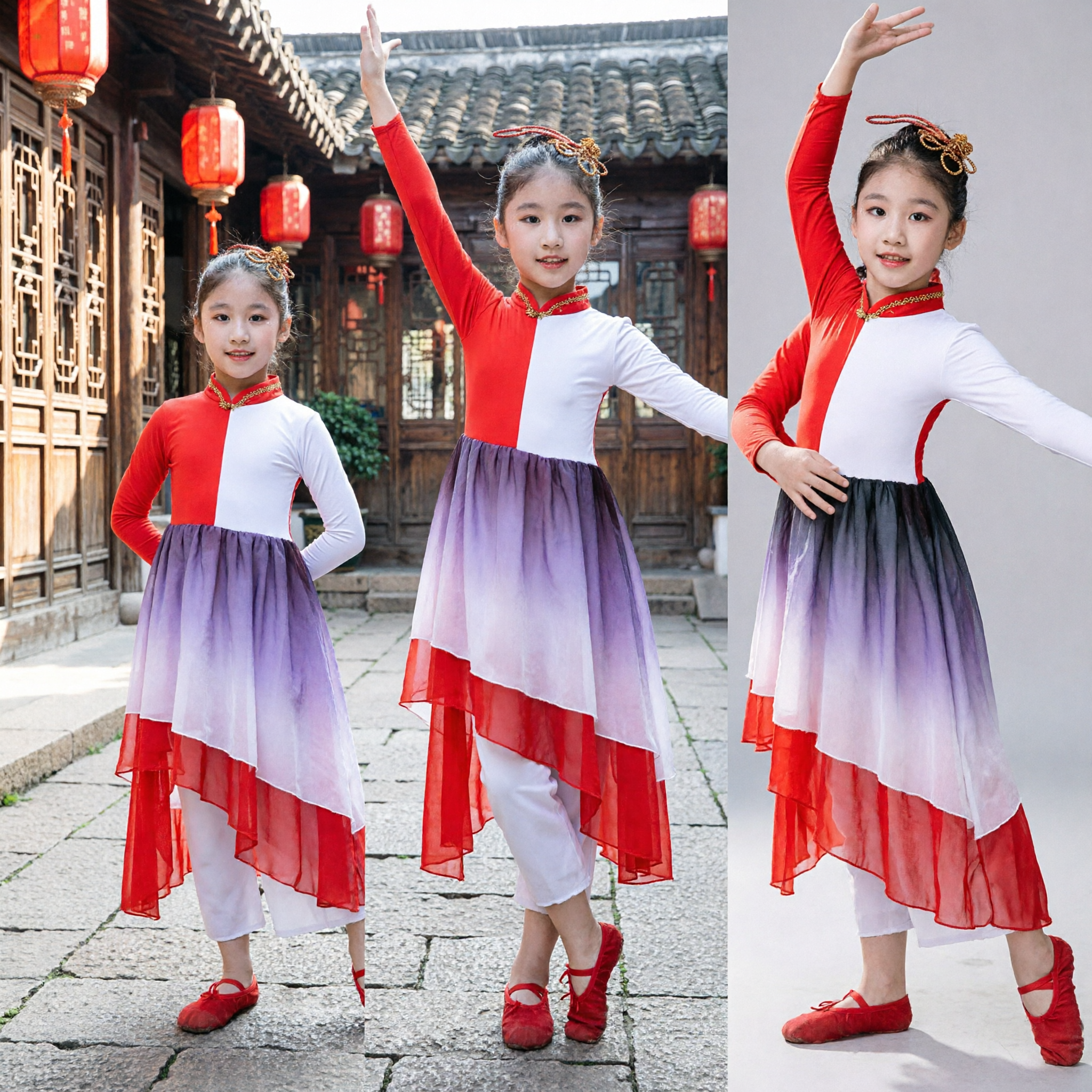 Kids Chinese Folk Dance Costume Girls Traditional Yangko Stage Performance Dress Red White Gradient Outfit - Asian Costume