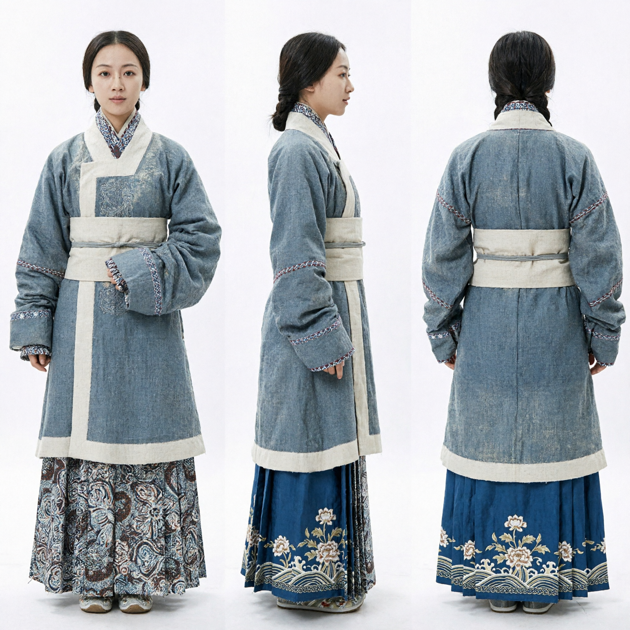 Ancient Chinese Han Dynasty Blue Cross-Collar Robe and Patterned Skirt Hanfu Costume for Women Historical Drama Cosplay - Asian Costume