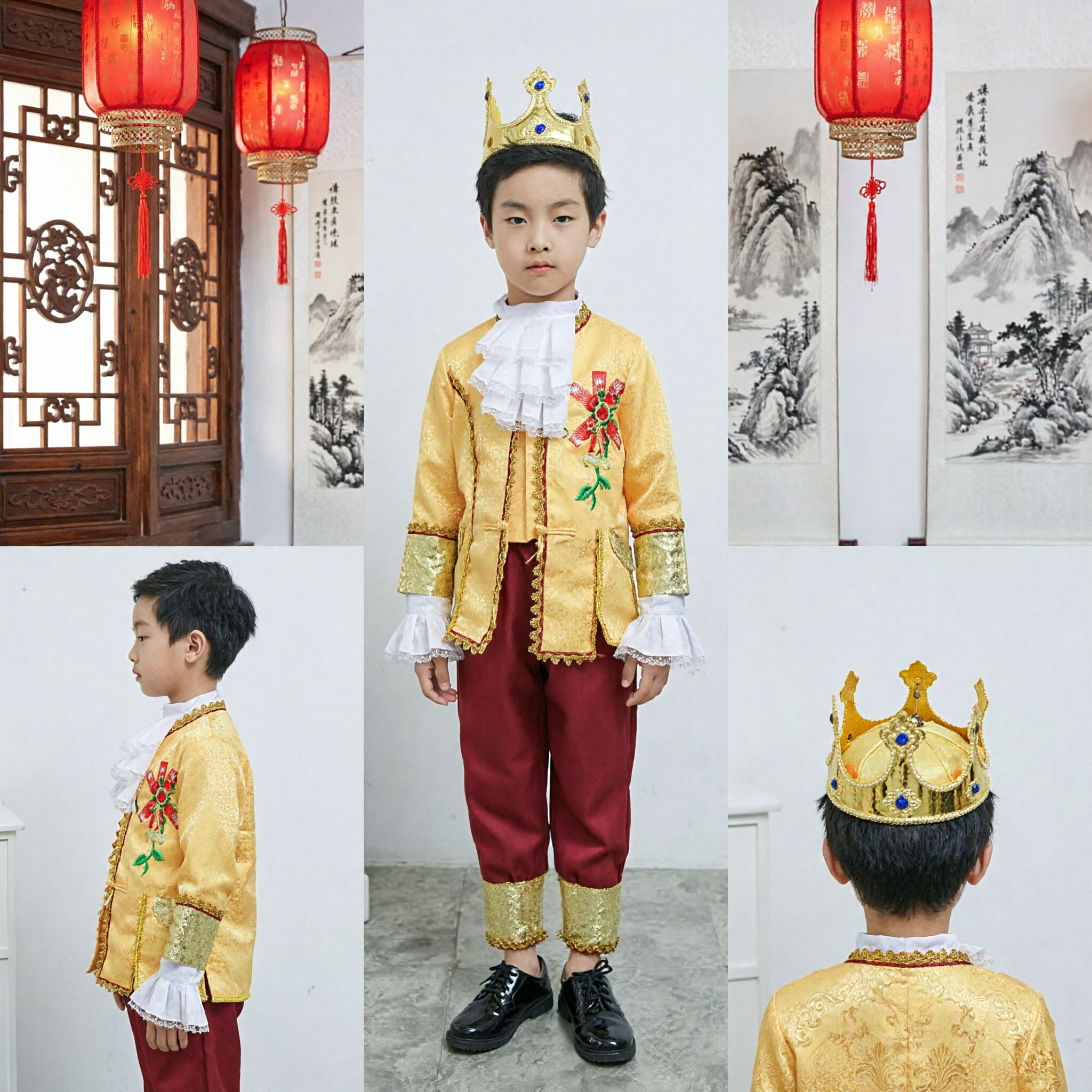 Boys Royal Prince Costume Set with Crown Yellow Jacket and Red Pants for Halloween Performance - Asian Costume
