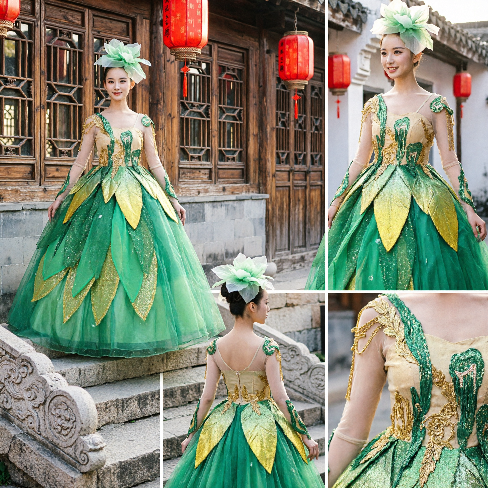 Elegant Green Leaf Stage Performance Dress Women's Nature Themed Ballgown Dance Costume for Theater - Asian Costume