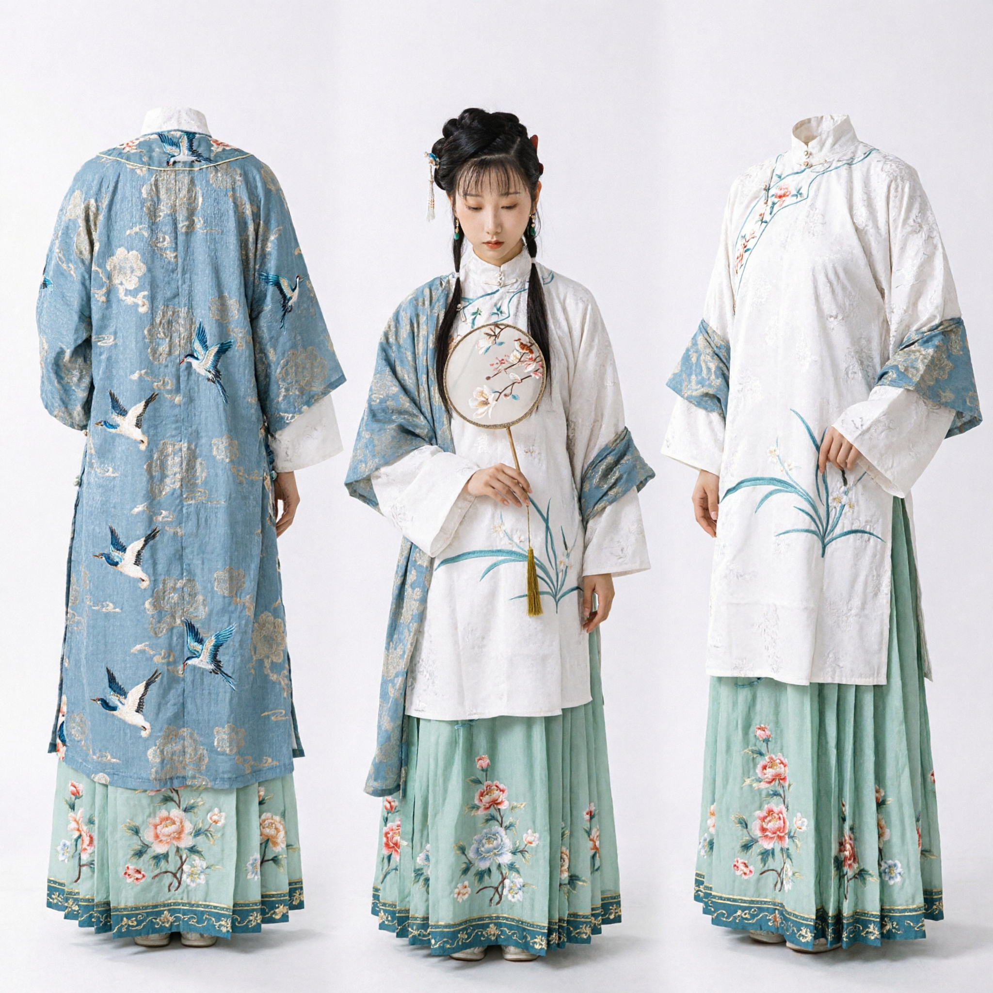 Elegant Traditional Chinese Ming Dynasty Hanfu Women Blue Floral Robe Ancient Costume Complete Set - Asian Costume