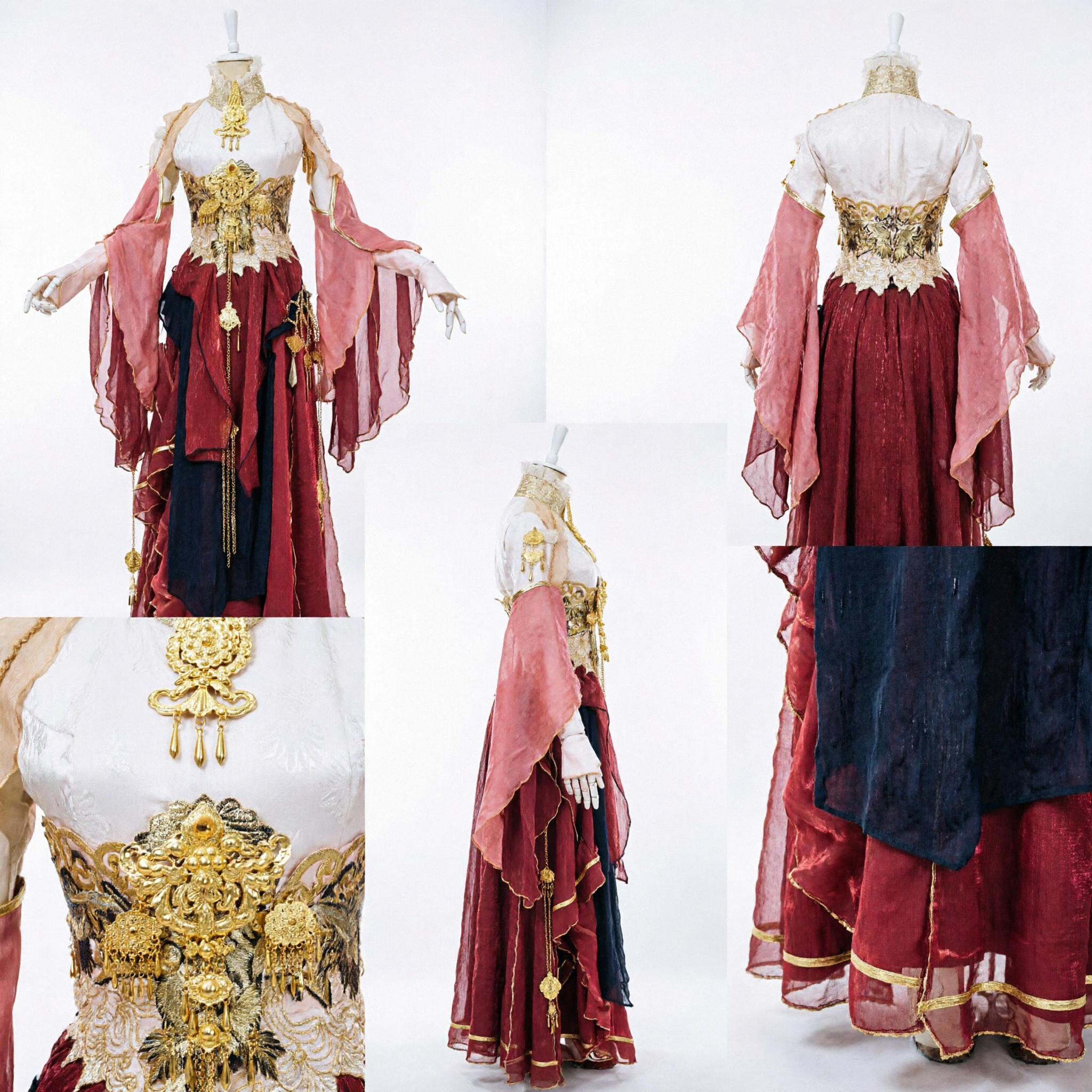 Chinese Traditional Ancient Fantasy Princess Hanfu Costume Red Gold Embroidery Flowing Sleeves Dress for Women Cosplay - Asian Costume