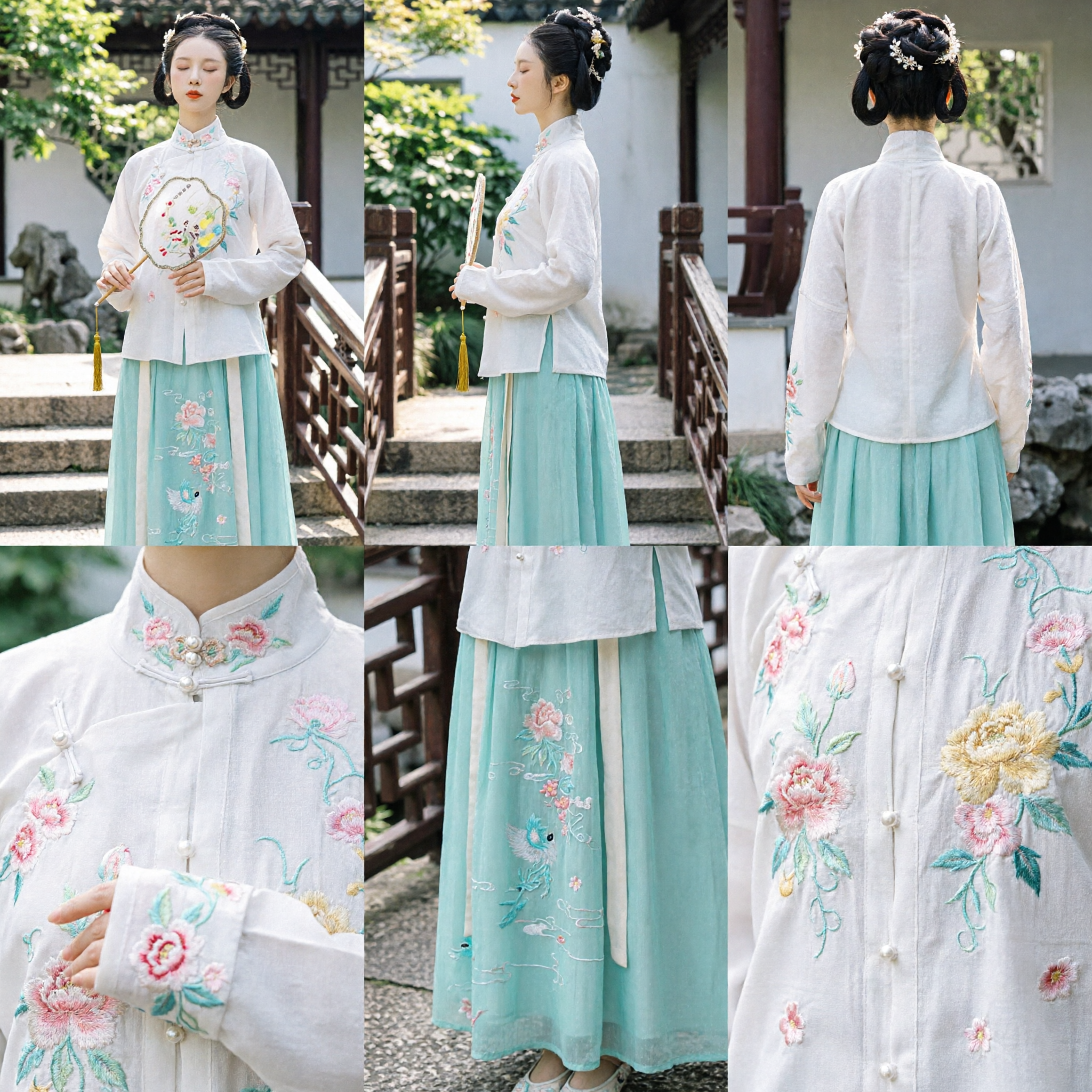 Elegant Traditional Chinese Hanfu Ming Style White Embroidered Top and Blue Skirt Ancient Costume for Women - Asian Costume