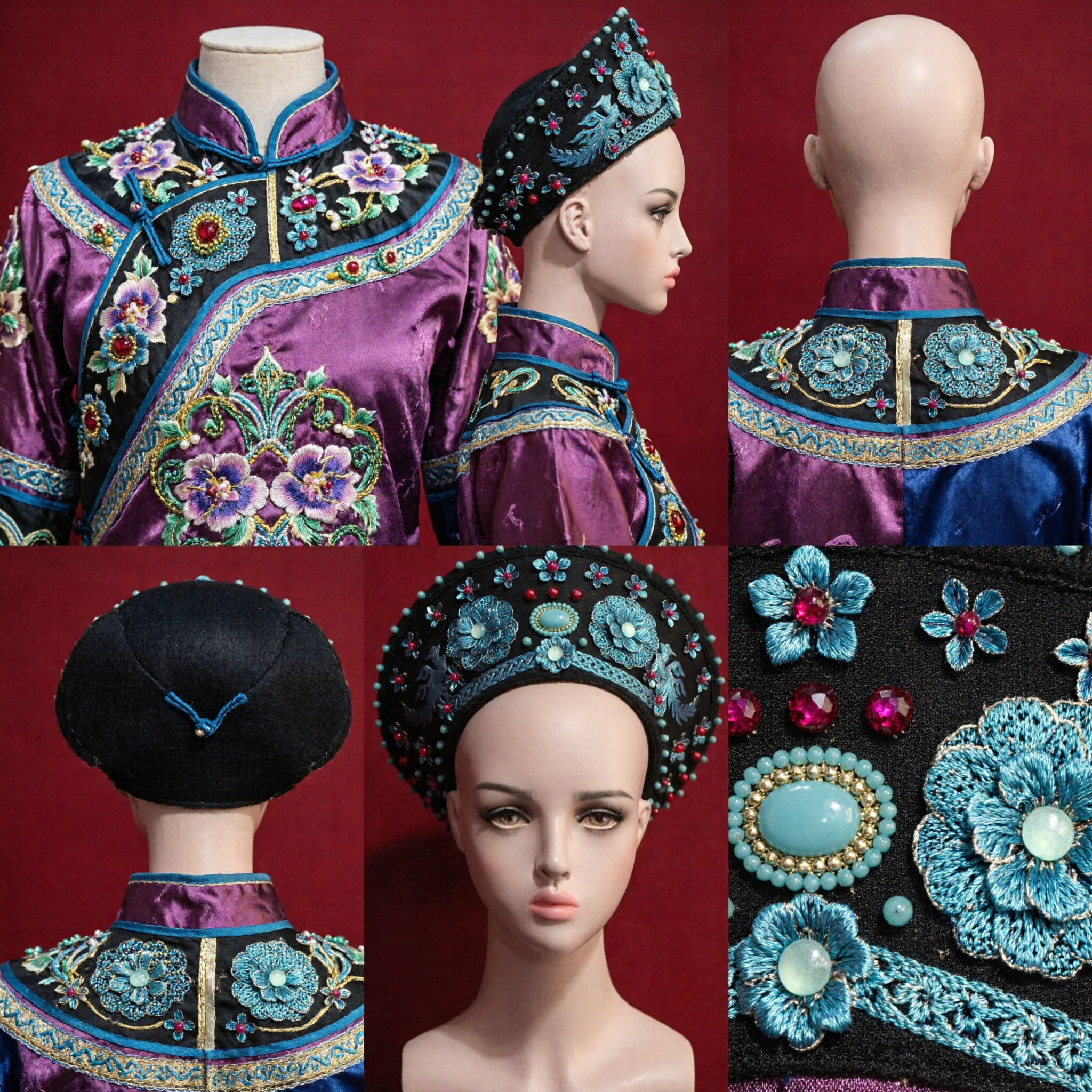 Traditional Chinese Qing Dynasty Manchu Empress Headpiece Blue Floral Embroidery Hair Accessories for Women Cosplay Stage Performance - Asian Costume