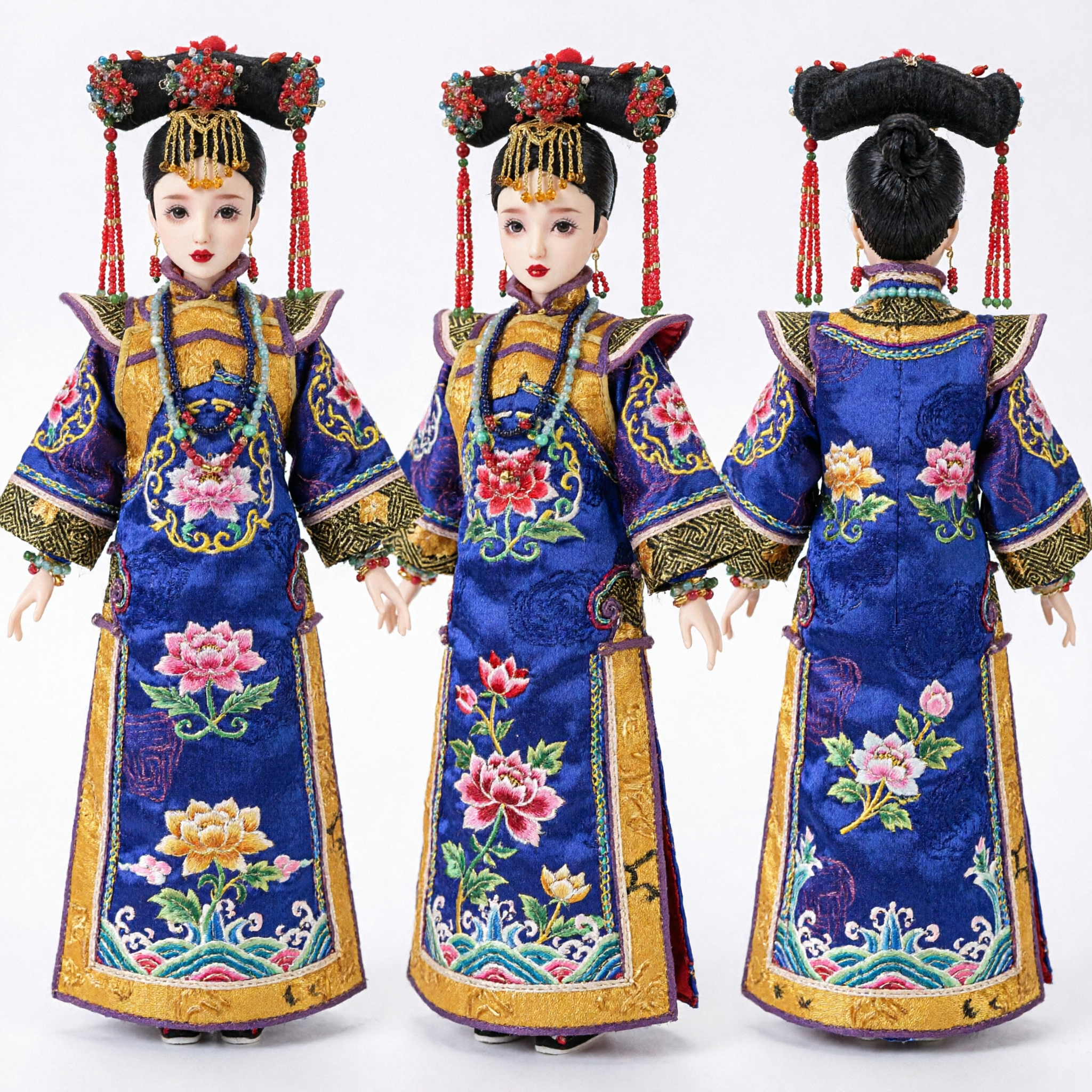 Traditional Chinese Qing Dynasty Empress Doll with Elaborate Manchu Headdress and Embroidered Robe for Home Decor - Asian Costume