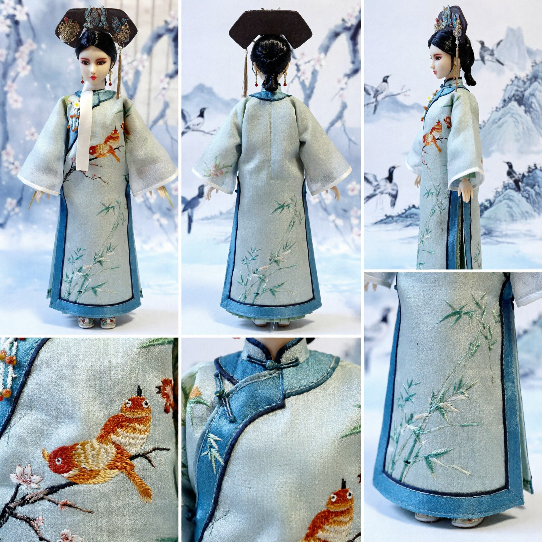 Exquisite Traditional Chinese Qing Dynasty Princess Doll Costume Ancient Manchu Robe with Bird Embroidery and Floral Headdress - Asian Costume
