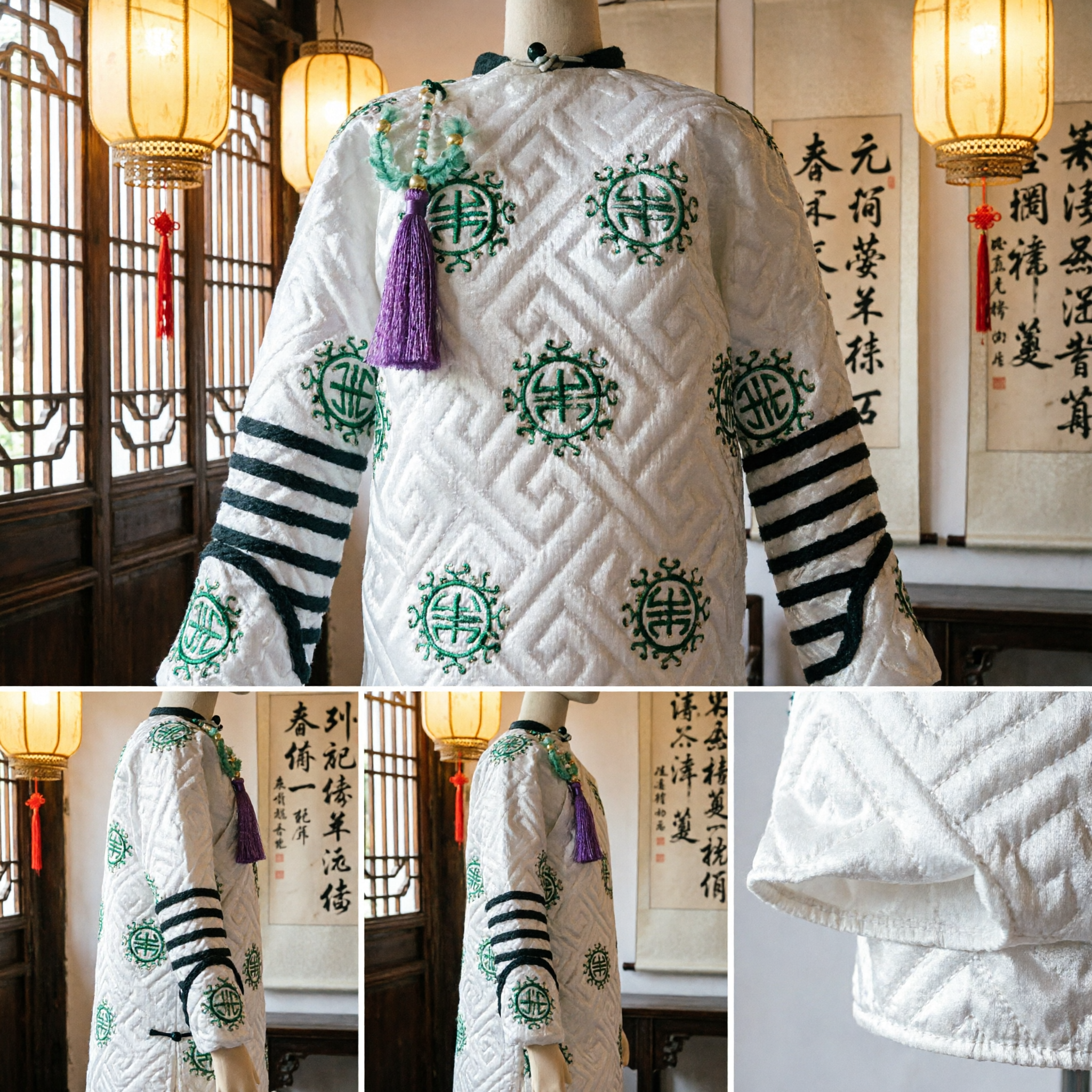 White Traditional Chinese Costume Robe with Green Longevity Embroidery for Stage Performance and Cultural Events - Asian Costume