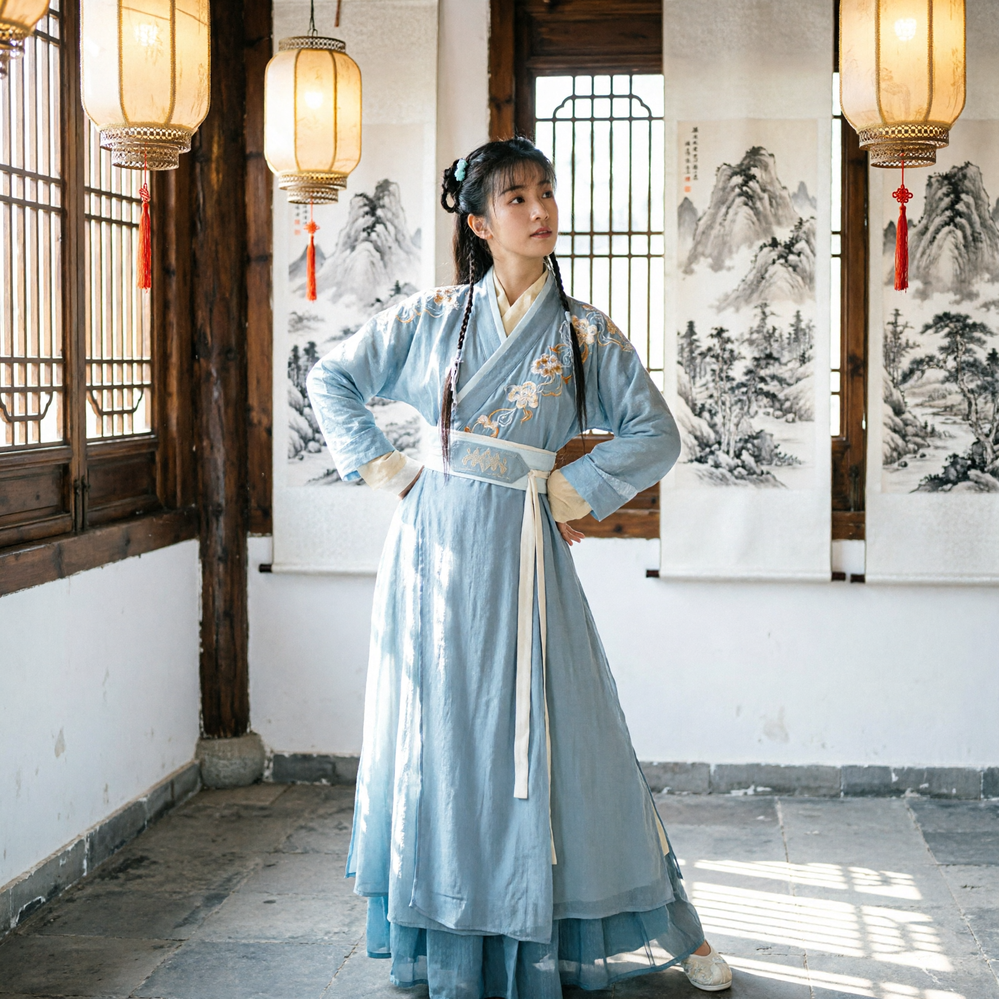 Ancient Chinese Blue Hanfu Dress Traditional Wuxia Martial Arts Costume for Women Cosplay - Asian Costume