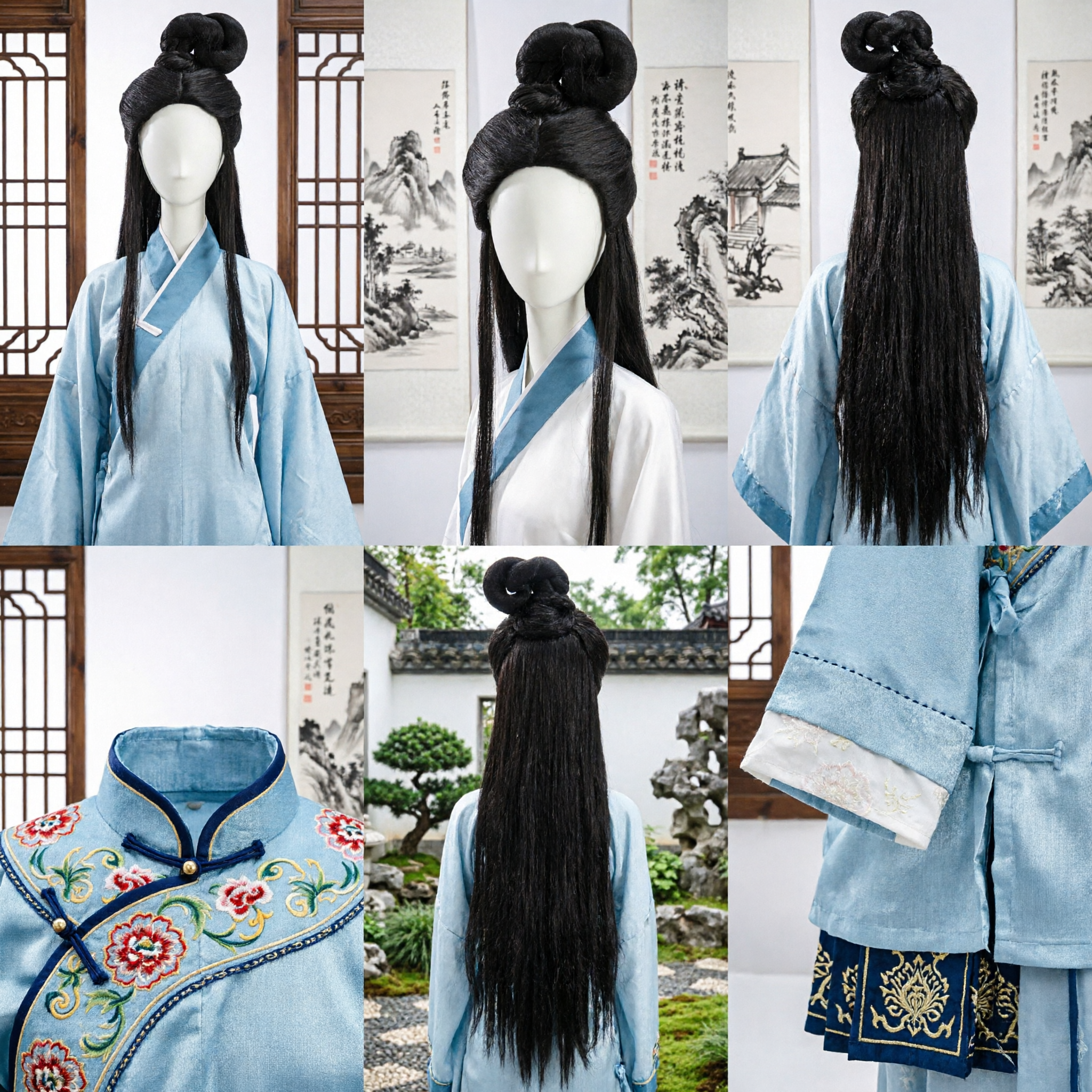Ancient Chinese Traditional Hanfu Wig Black Long Hairpiece with High Loop Bun for Women Cosplay - Asian Costume