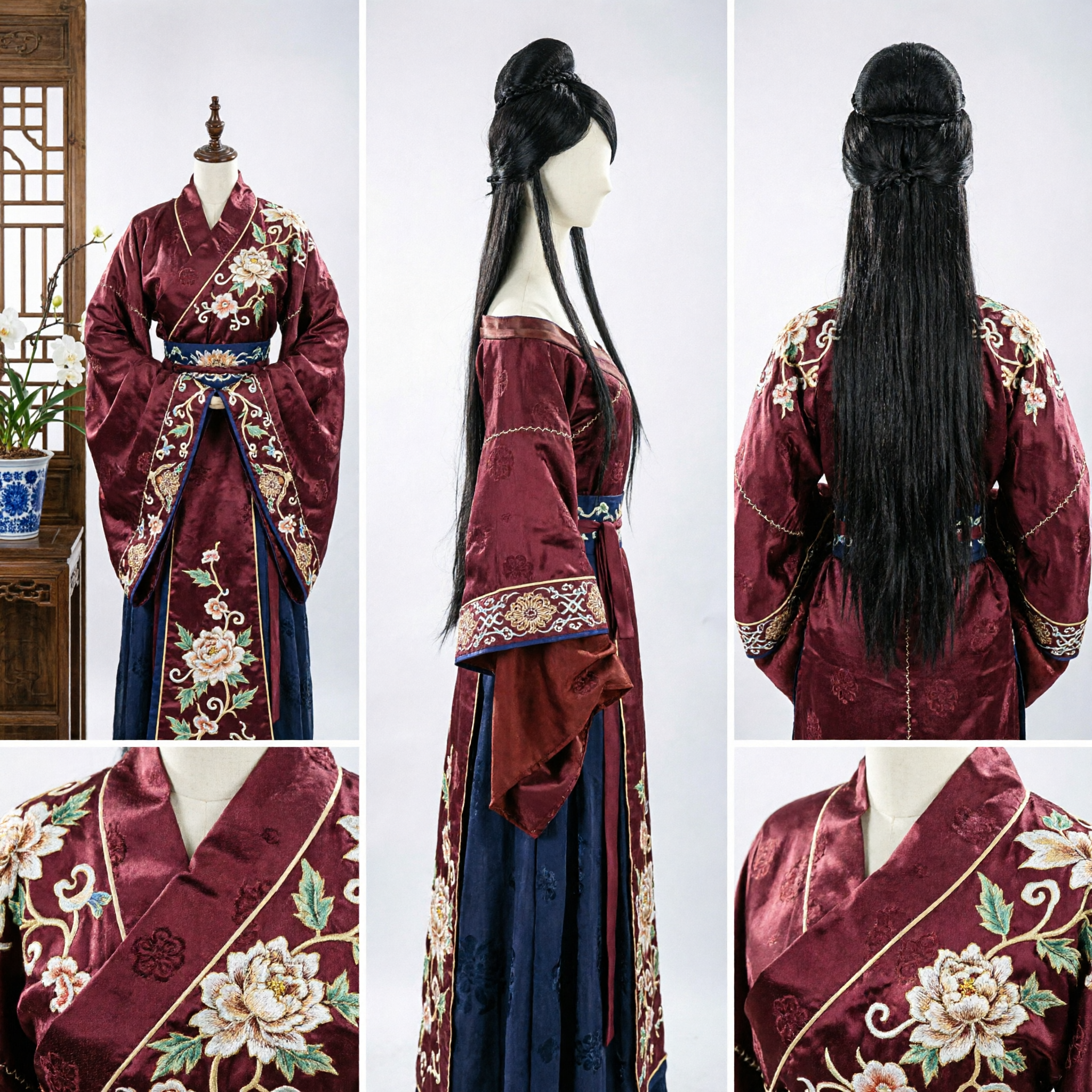 Ancient Chinese Hanfu Wig Black Long Straight Hair Braided Bun Traditional Cosplay Costume for Women - Asian Costume