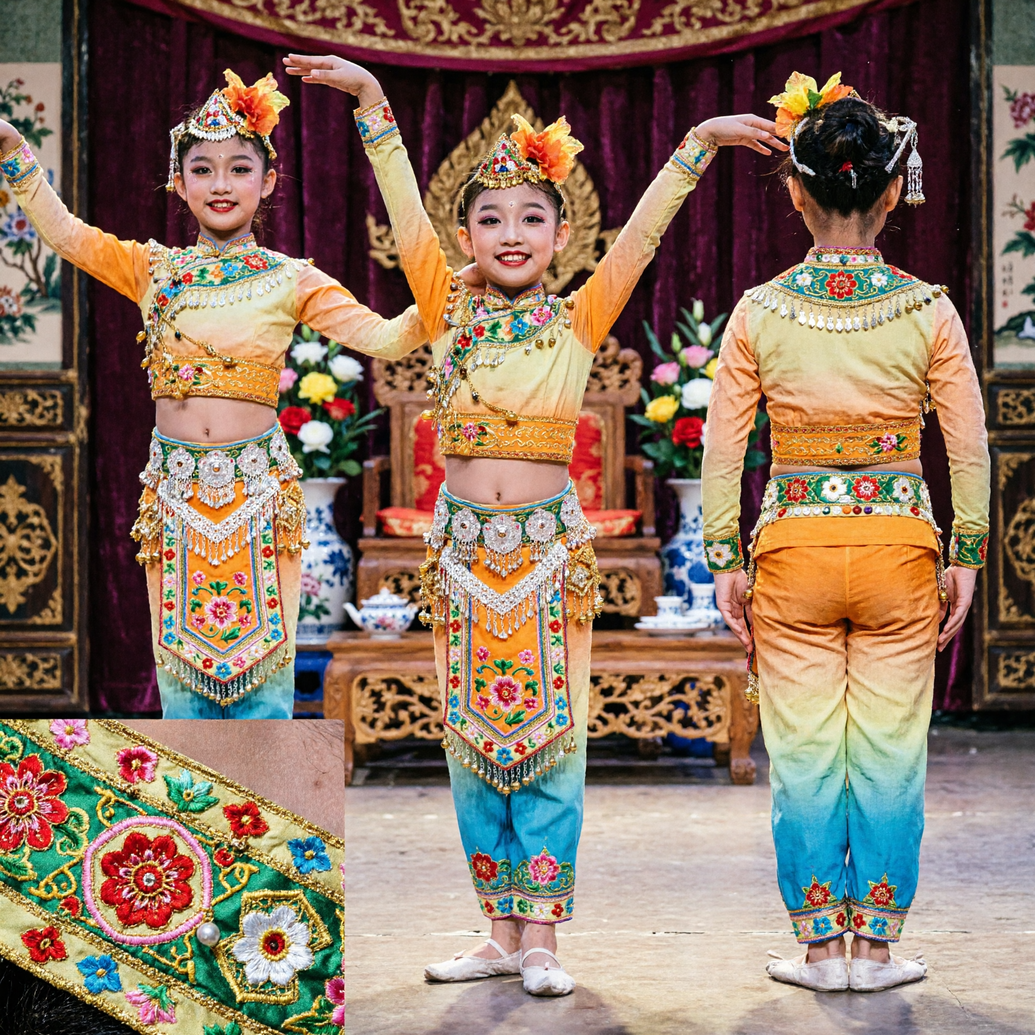 Kids Chinese Dai Minority Peacock Dance Costume Yellow Sequin Stage Performance Outfit for Girls - Asian Costume