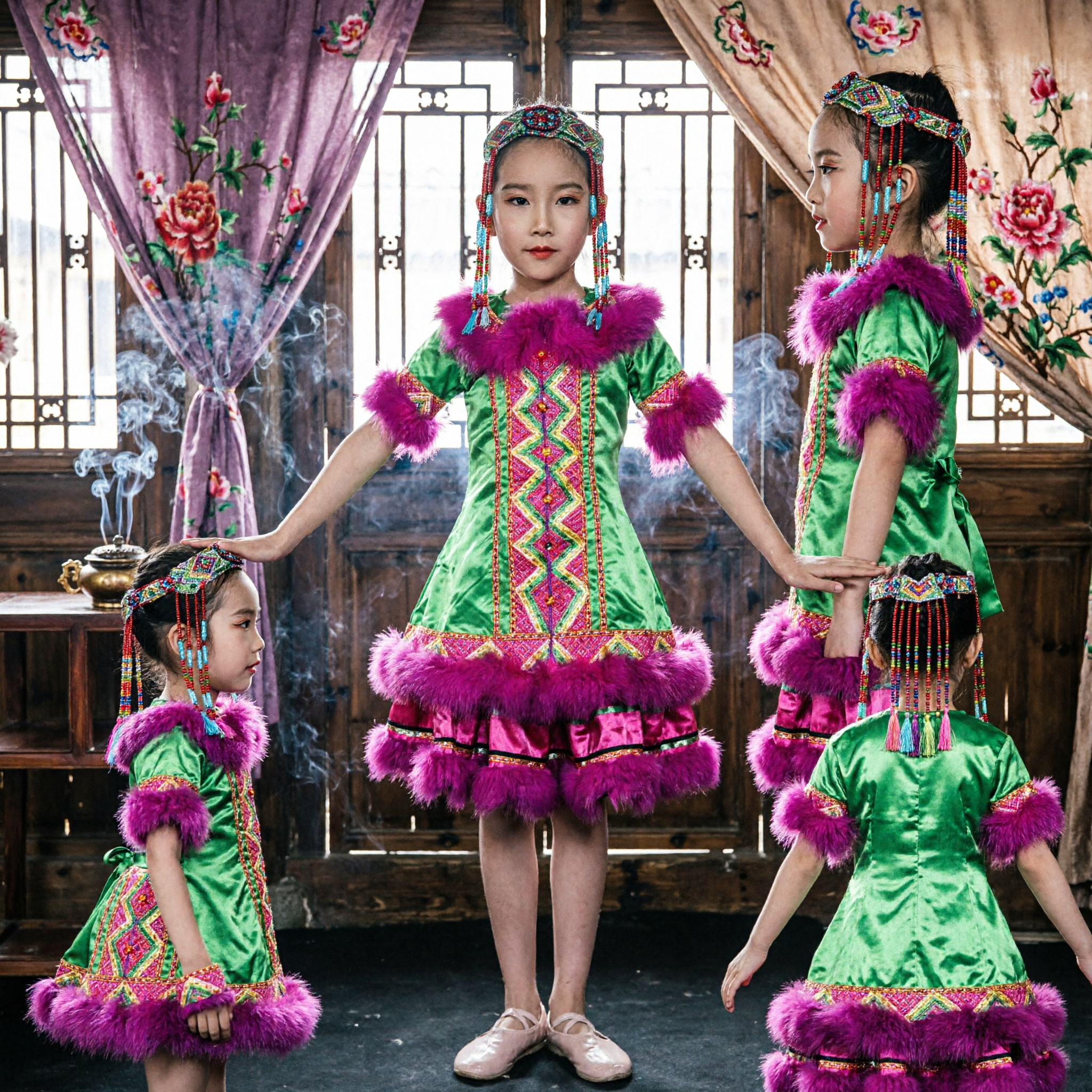 Kids Chinese Miao Ethnic Dance Costume Green Satin Folk Dress with Headdress for Stage Performance - Asian Costume