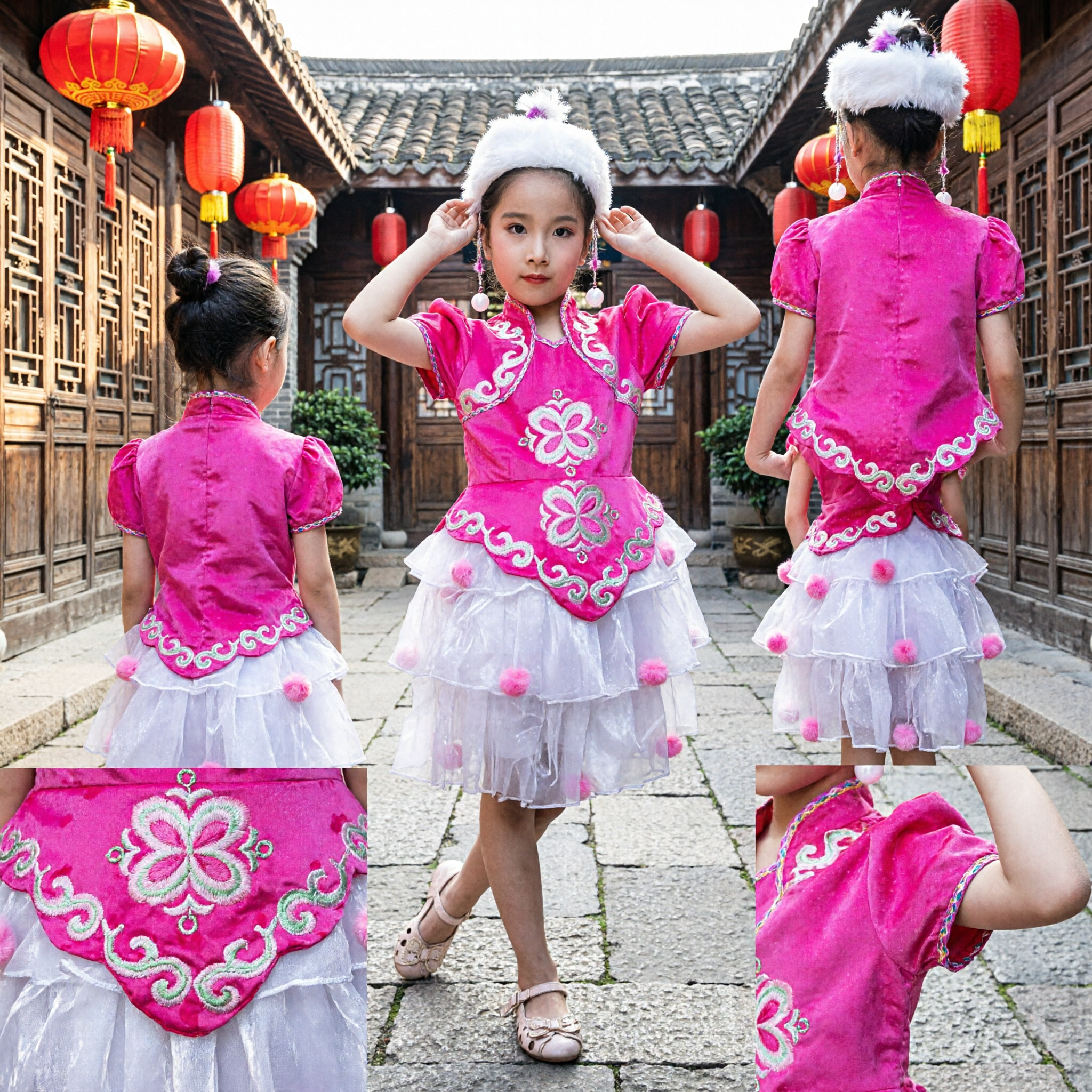 Pink Chinese Folk Dance Costume for Kids Girls Yangge Dance Performance Stage Wear Traditional Dress - Asian Costume