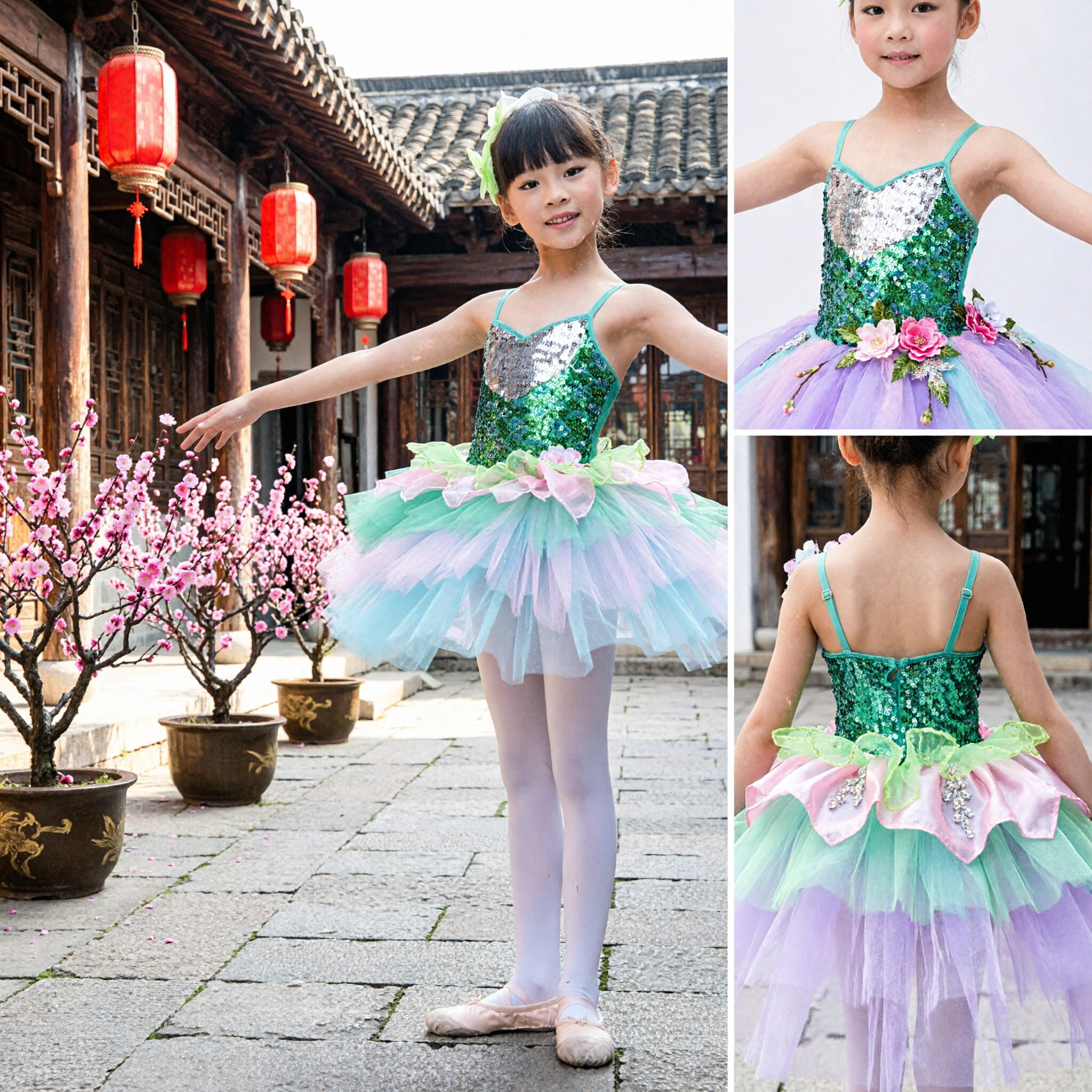 Girls Green Sequin Ballet Tutu Dress Kids Flower Fairy Stage Dance Performance Costume - Asian Costume
