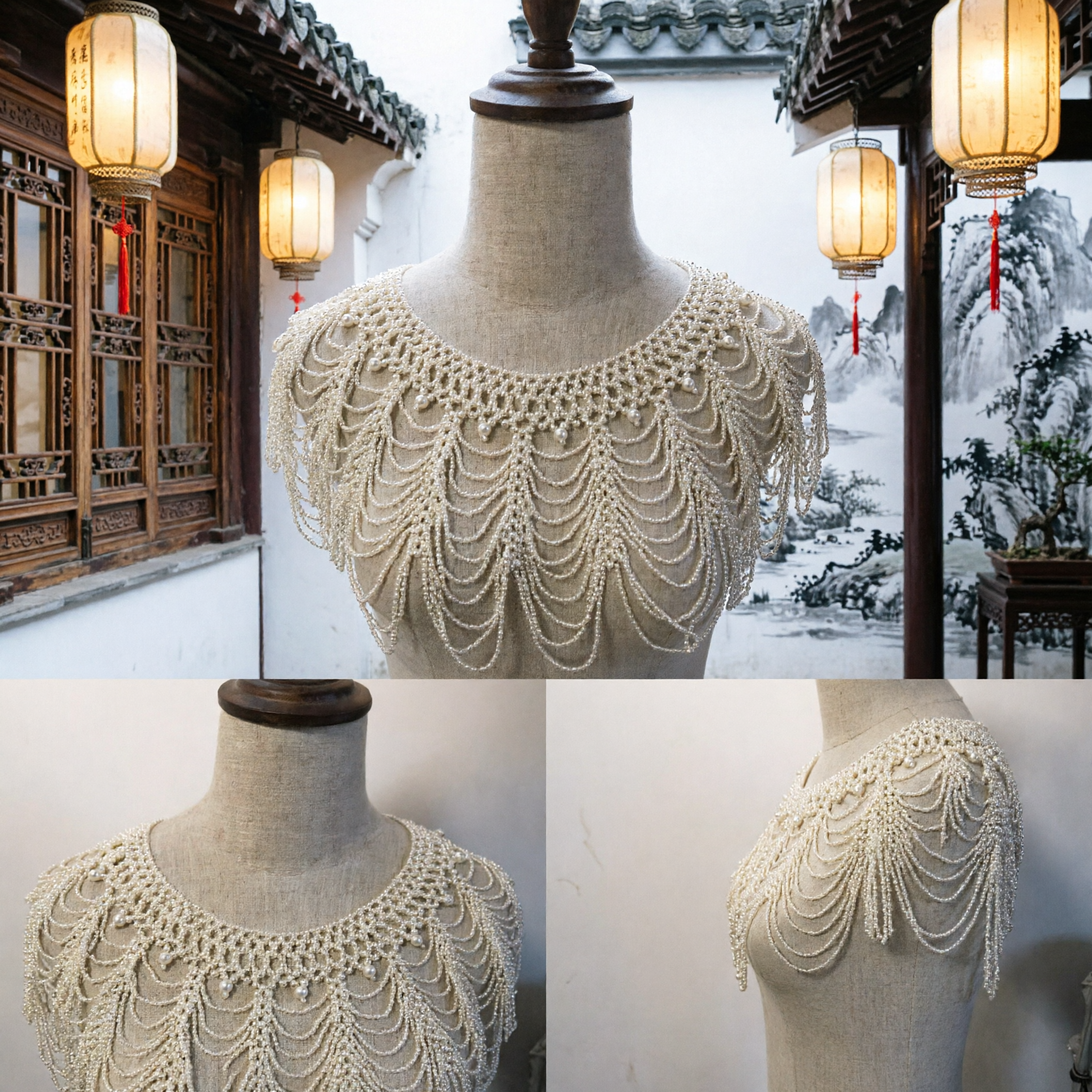Elegant White Pearl Beaded Collar Bib Necklace Shawl for Wedding Bridal Qipao Cheongsam Accessories - Asian Costume