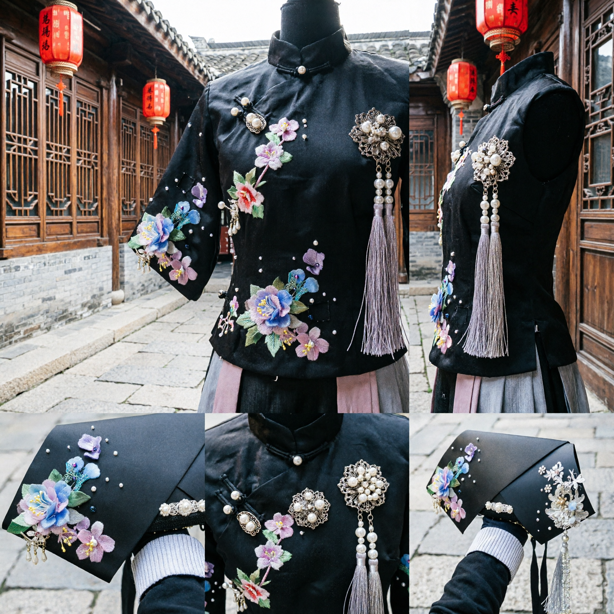 Traditional Chinese Qing Dynasty Manchu Princess Headdress Black Floral Pearl Hairpin Cosplay Costume Accessory - Asian Costume