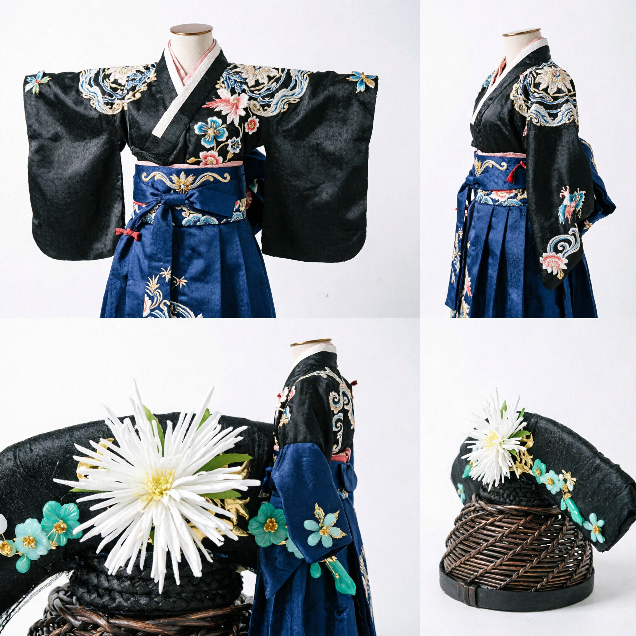 Traditional Chinese Ancient Black Winged Headdress with White Flower and Jade Ornaments for Hanfu Costume Cosplay - Asian Costume