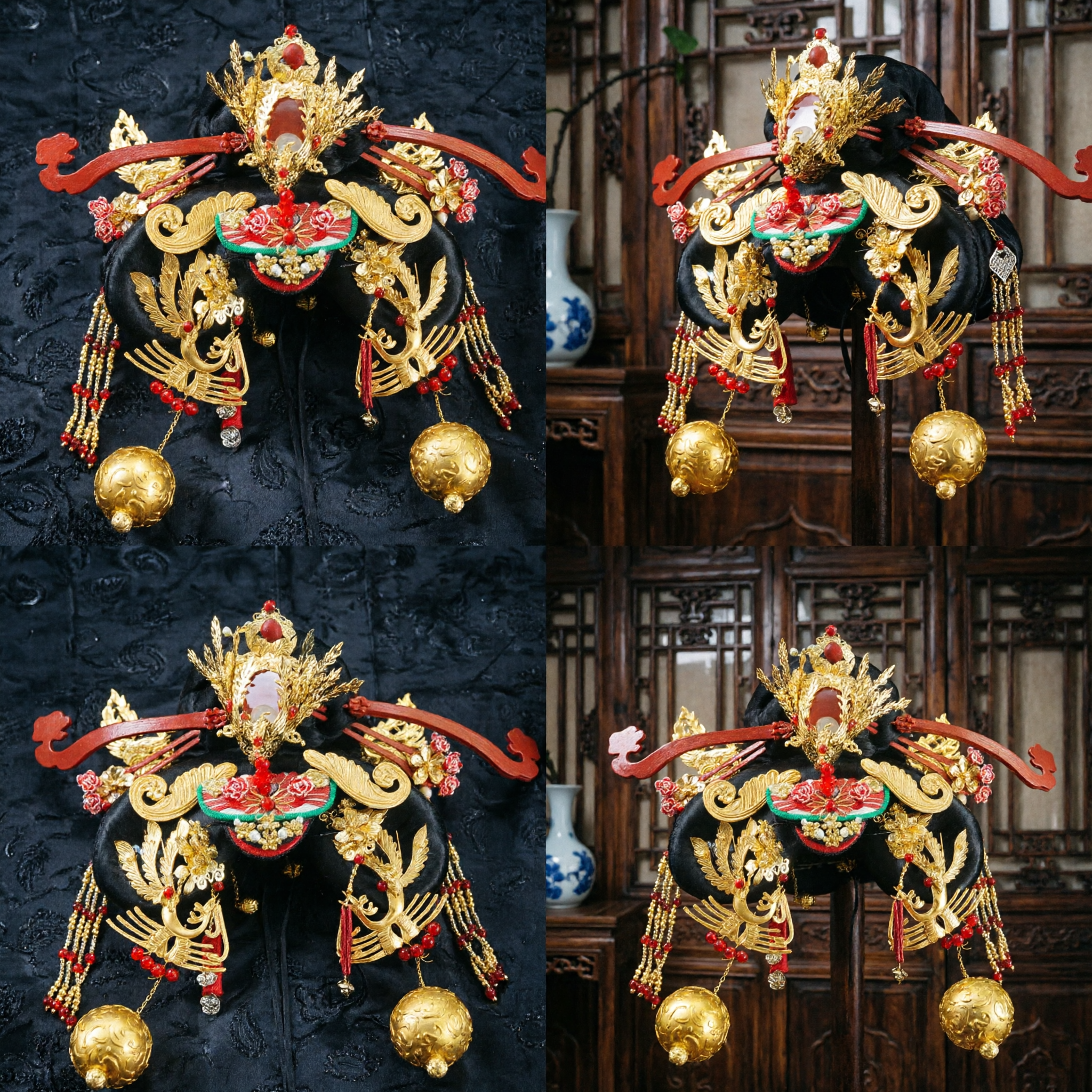 Traditional Chinese Wedding Phoenix Crown Gold Red Bridal Headdress Hanfu Hair Accessories for Cosplay Performance - Asian Costume