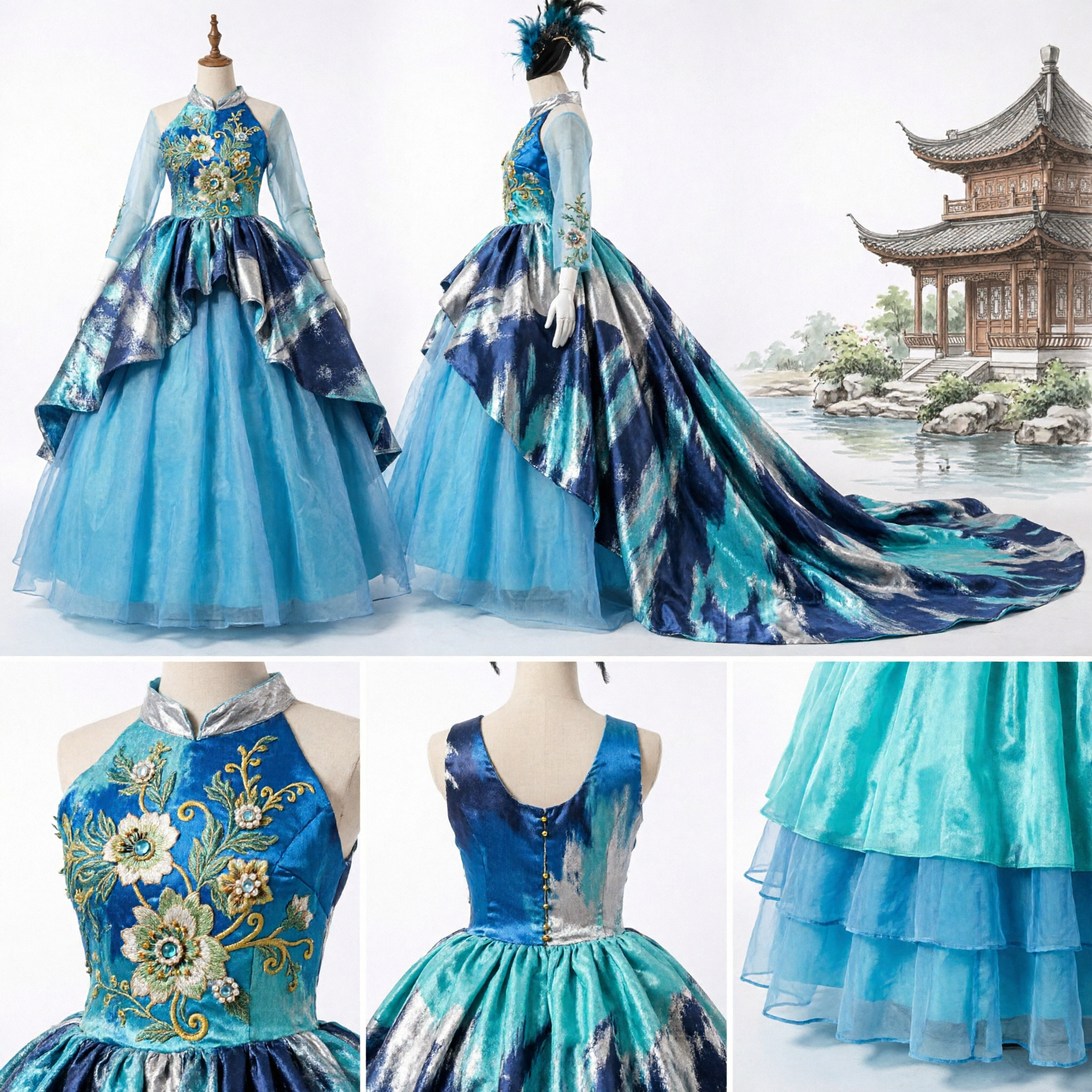 Blue Traditional Chinese Princess Ballgown for Girls Stage Performance Costume Wedding Flower Girl Dress - Asian Costume