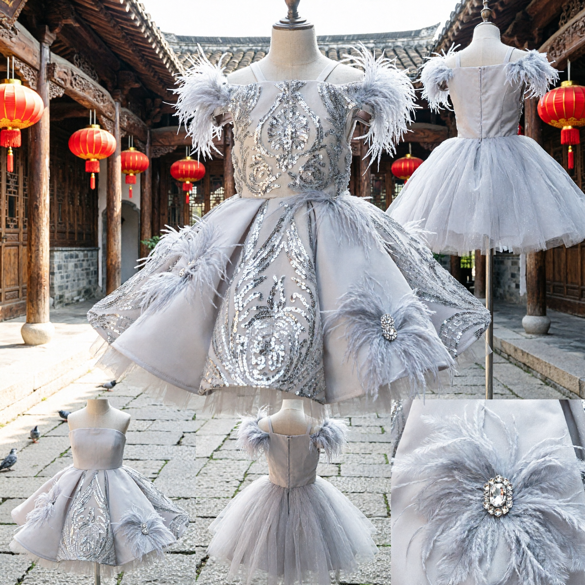 Girls Silver Sequin Feather Ball Gown Formal Dress for Stage Performance Pageant Wedding Flower Girl - Asian Costume