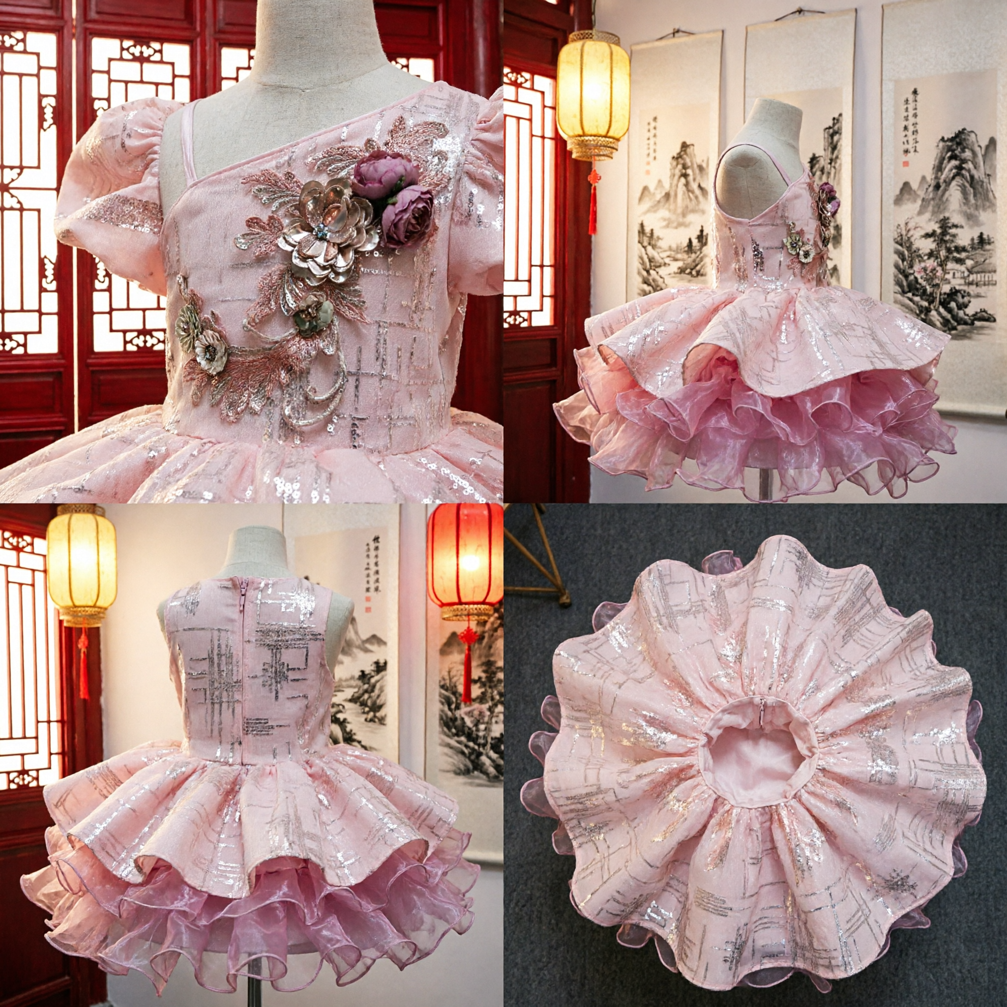 Elegant Pink One-Shoulder Sequin Tutu Dress for Girls Flower Girl Pageant Ballet Performance Costume - Asian Costume