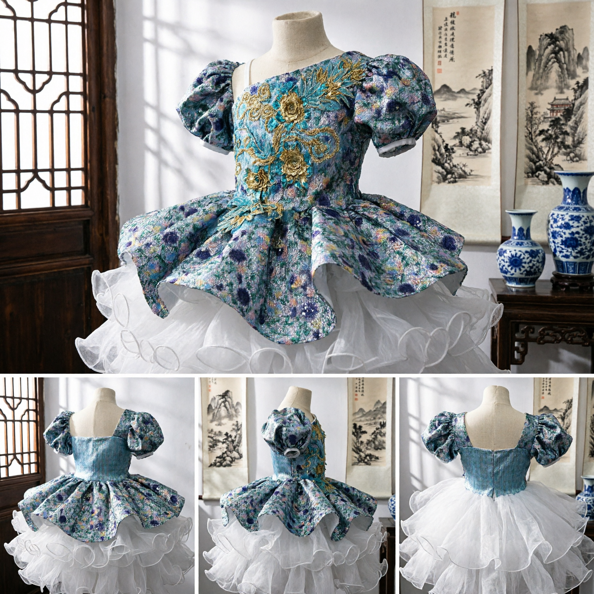 Blue Floral Embroidered One Shoulder Ballet Tutu Chinese Dance Costume for Girls Stage Performance - Asian Costume