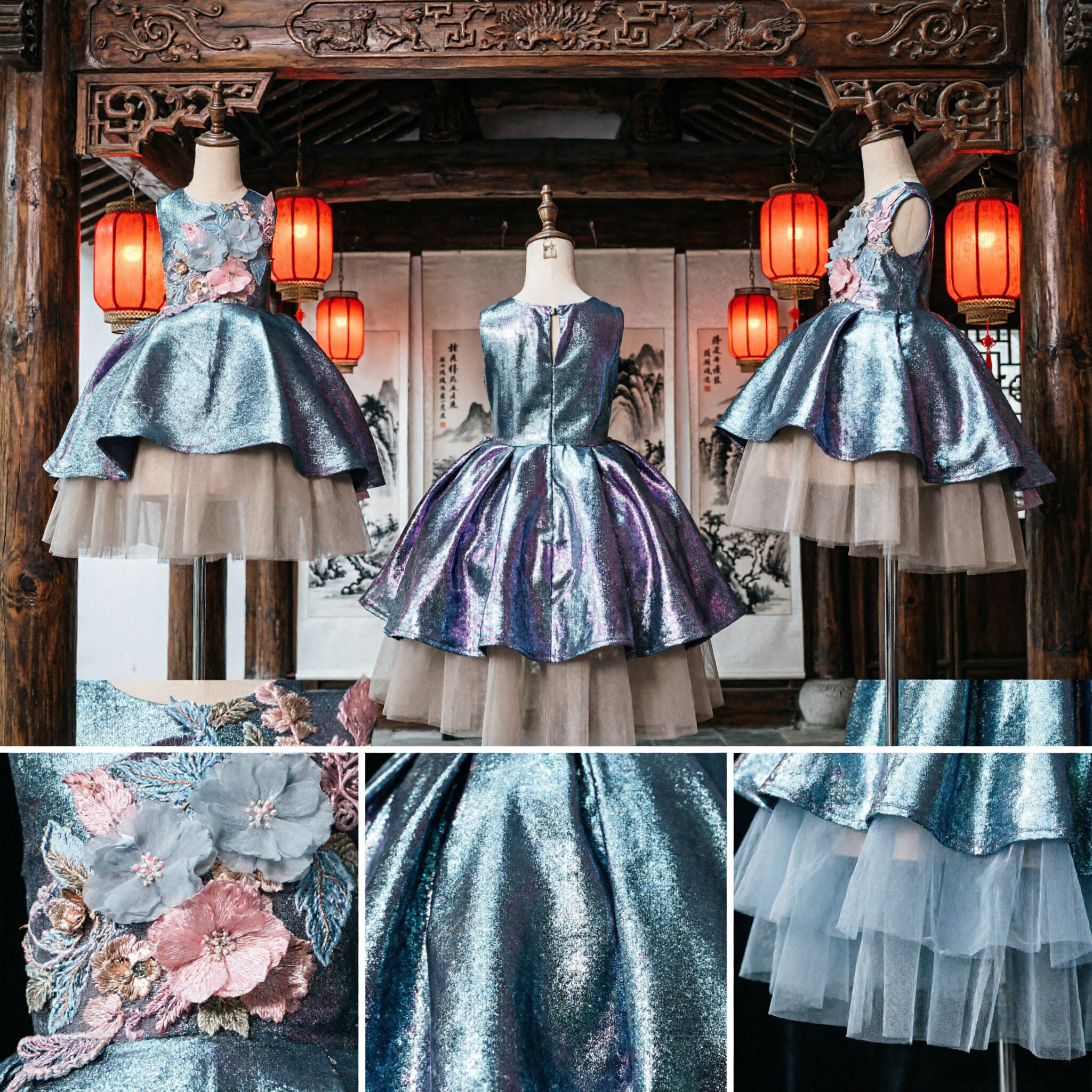 Elegant Blue Metallic High-Low Formal Dress for Girls with 3D Floral Applique and Tulle Skirt - Asian Costume