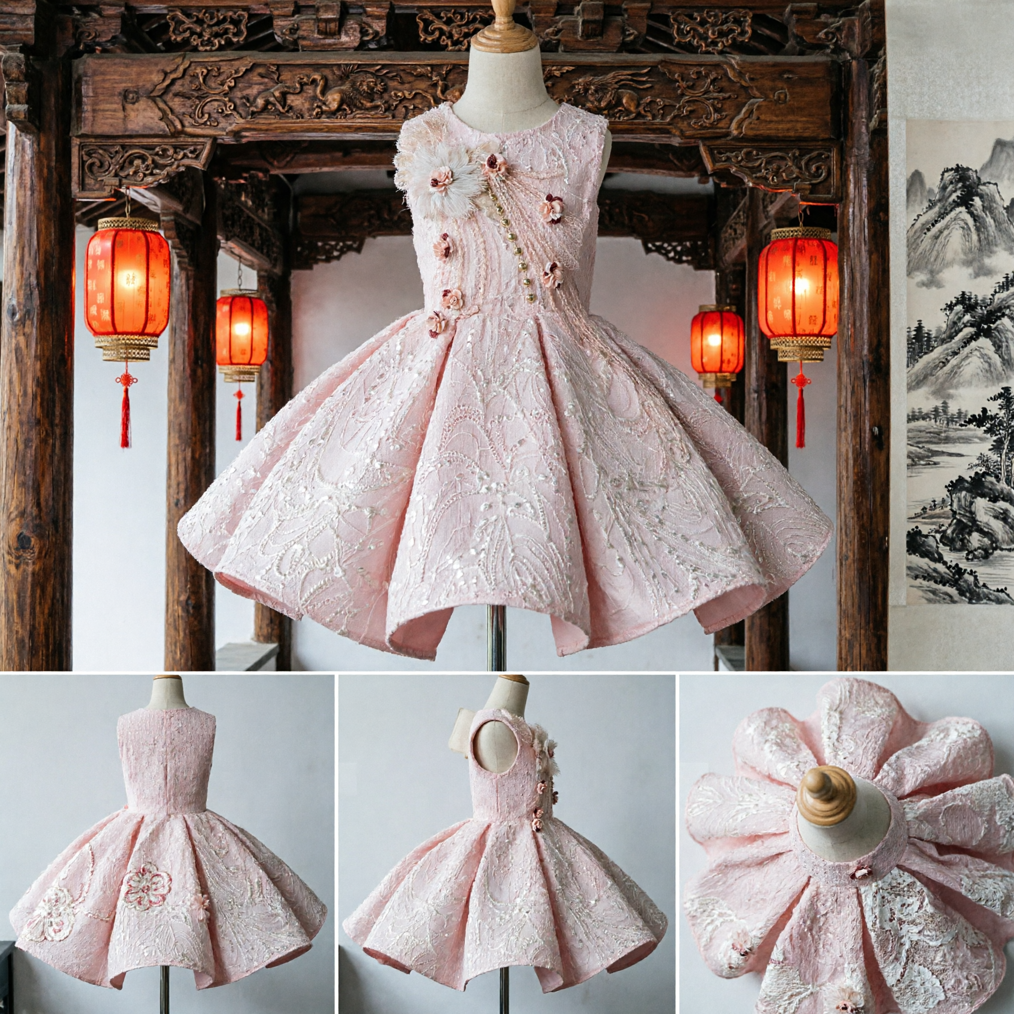 Elegant Pink Kids Traditional Chinese Cheongsam Dress with Floral Appliqué for Wedding Flower Girl and Stage Performance - Asian Costume
