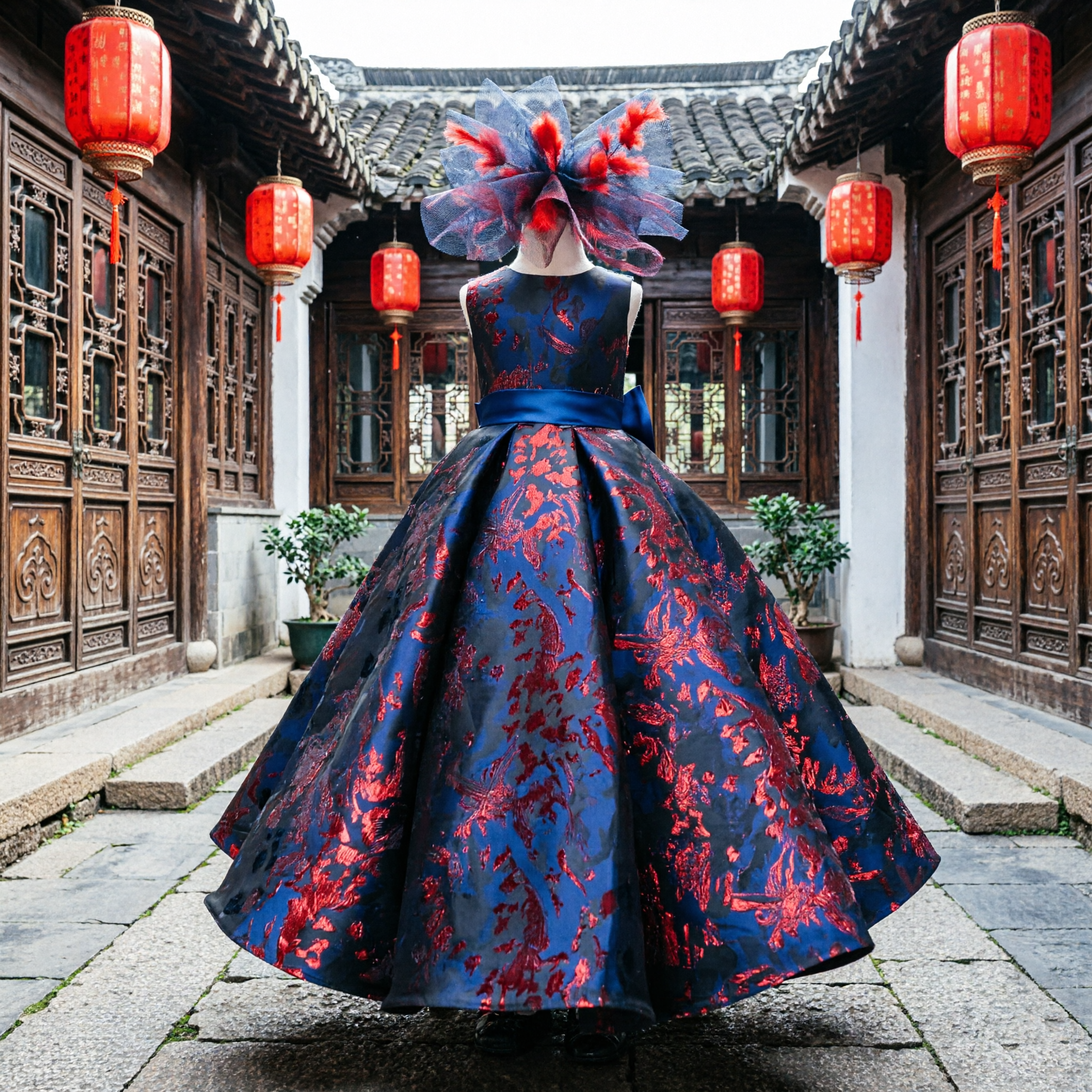 Kids Girls Navy Blue Red Jacquard Ball Gown Formal Flower Girl Pageant Wedding Party Dress - Asian Costume