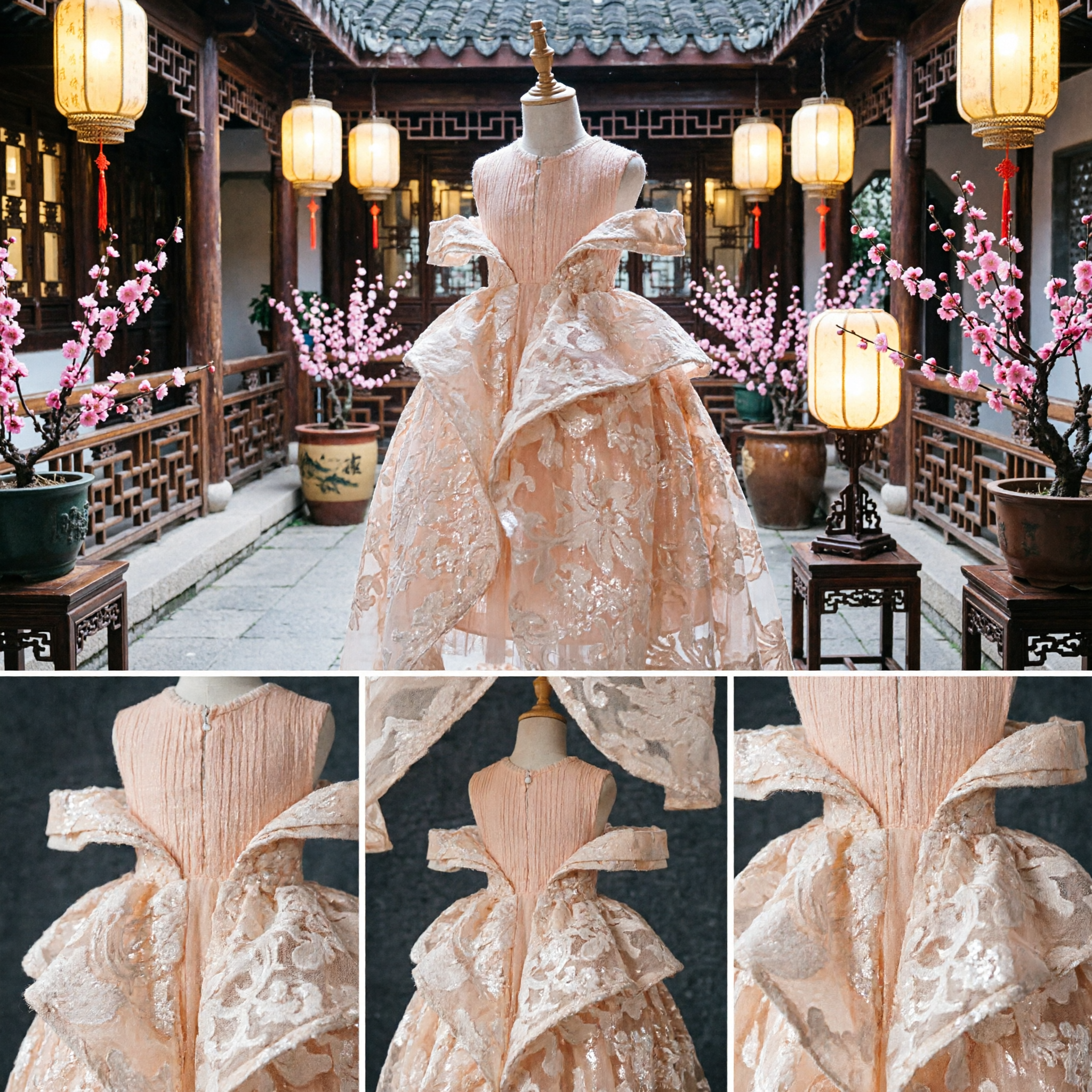 Elegant Peach Floral Brocade Doll Dress Traditional Chinese Style Miniature Formal Ballgown Costume - Asian Costume