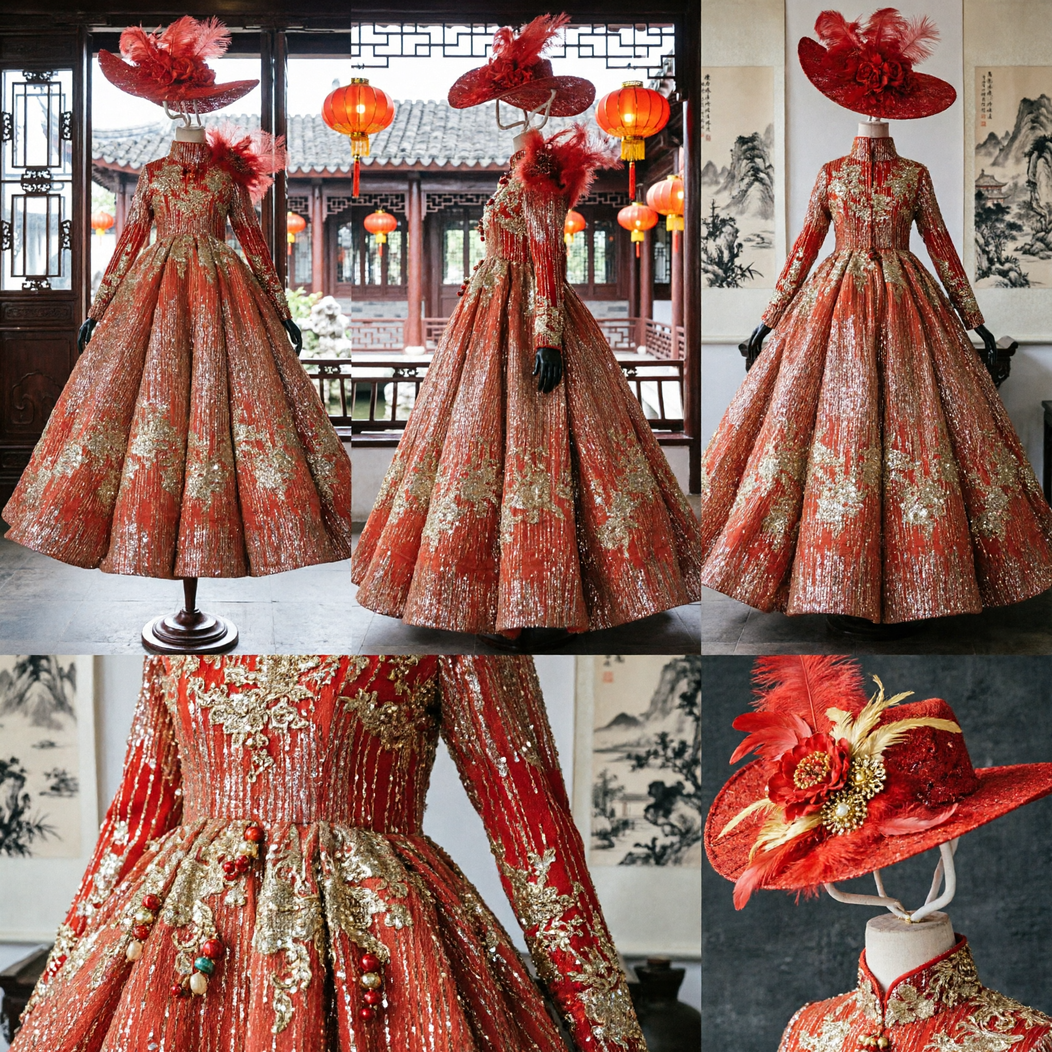 Red Gold Sequin Long Sleeve Evening Gown Hostess Dress with Feather Hat for Wedding Banquet - Asian Costume