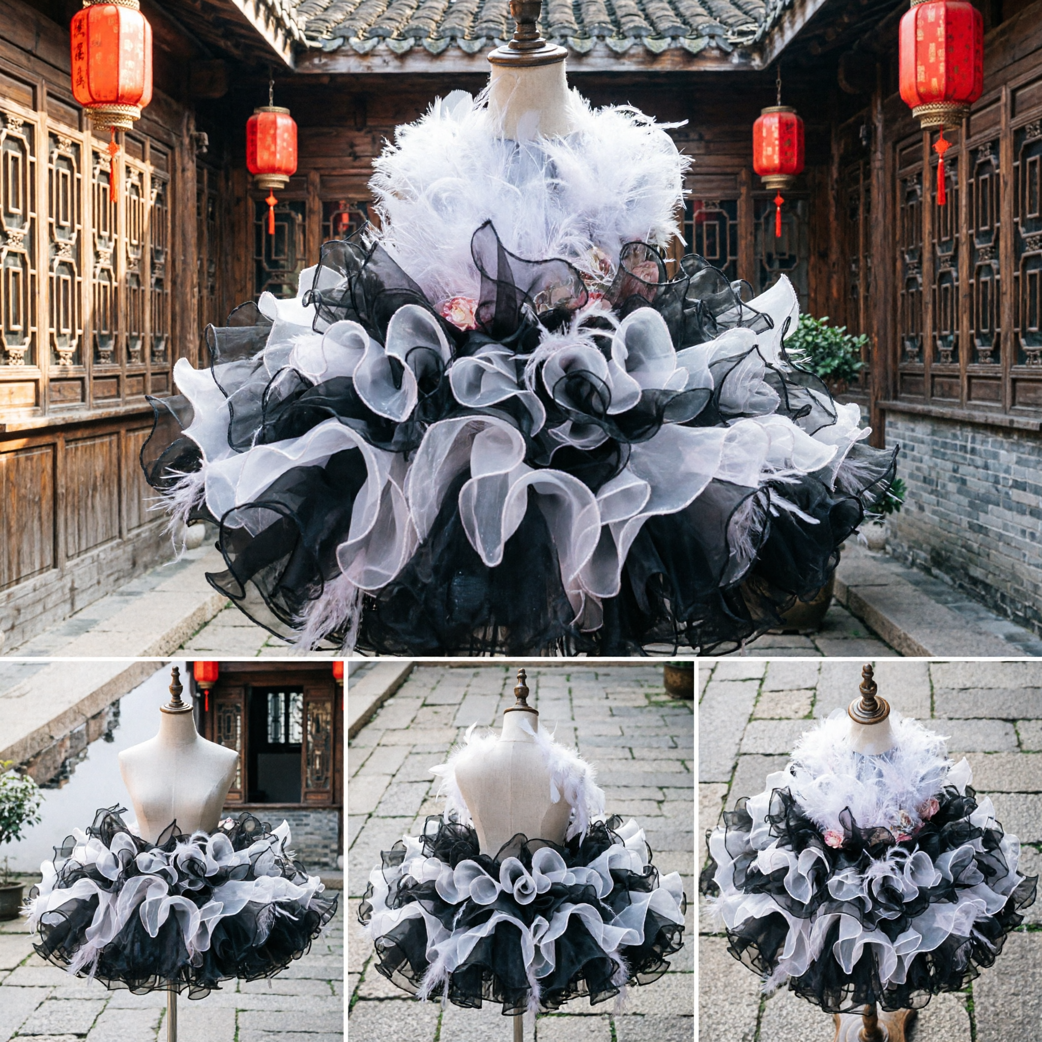 Black and White Ruffled Feather Tutu Skirt for Women Burlesque Can-Can Cabaret Stage Performance Costume - Asian Costume