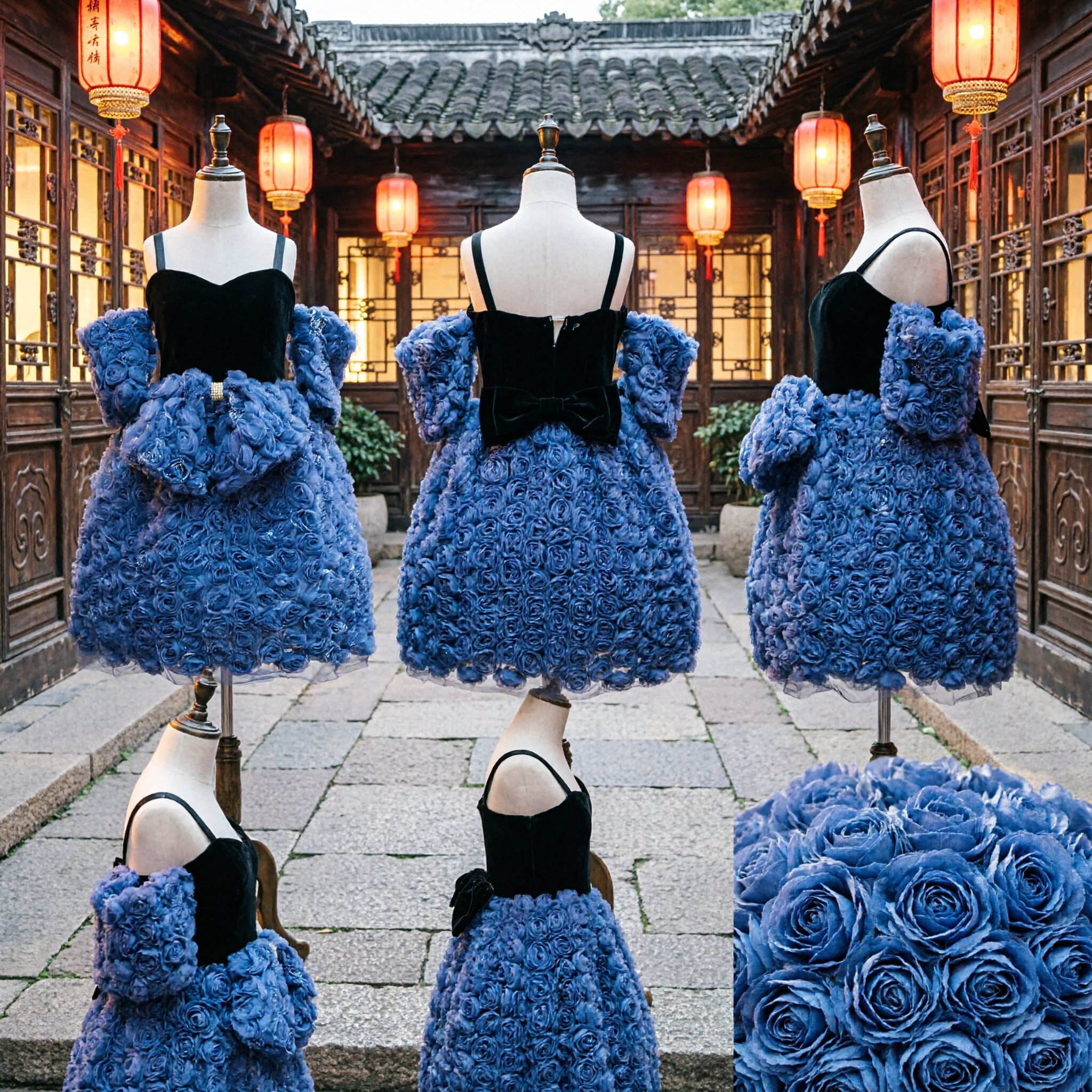 Blue Fabric Rosette Dress with Black Bodice and Puffy Sleeves Floral Cocktail Party Gown for Women - Asian Costume