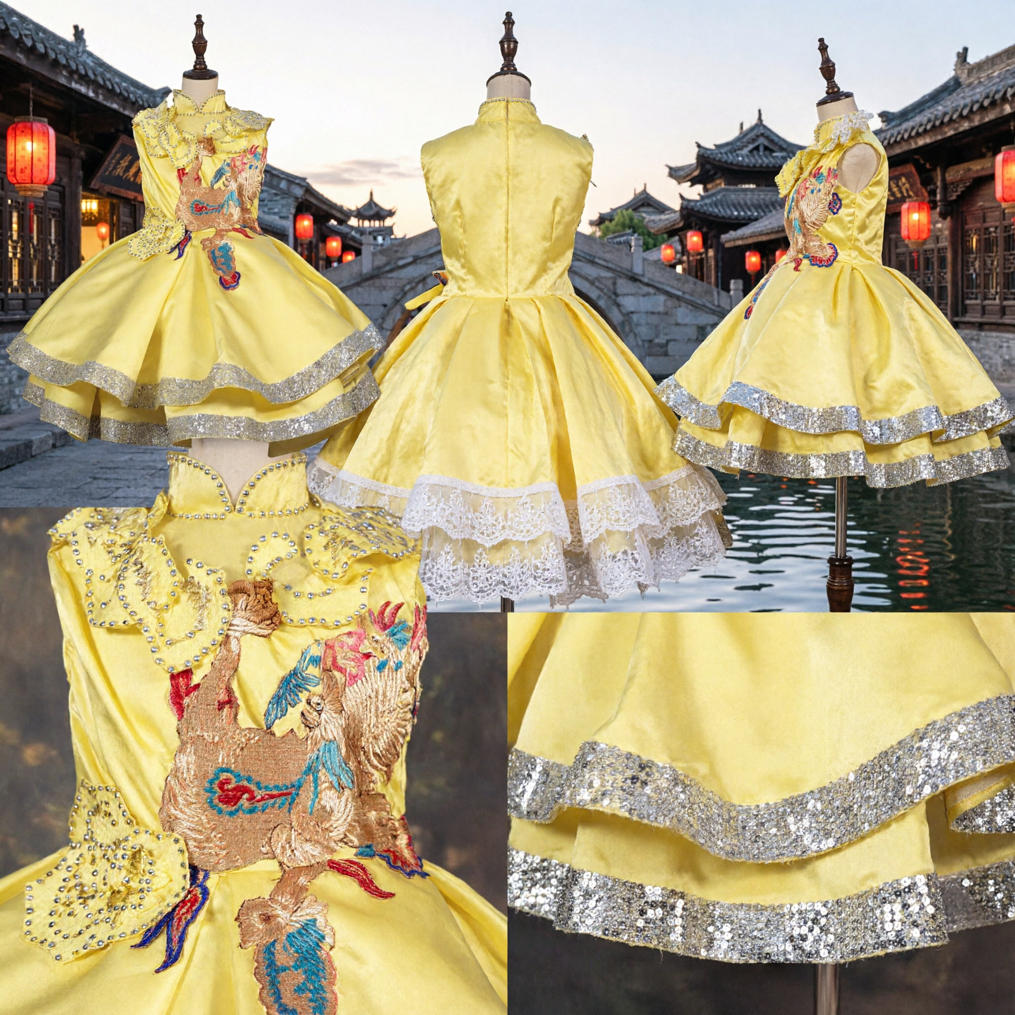 Traditional Chinese Yellow Phoenix Embroidery Dress for Girls Kids Stage Performance Costume Party Wear - Asian Costume