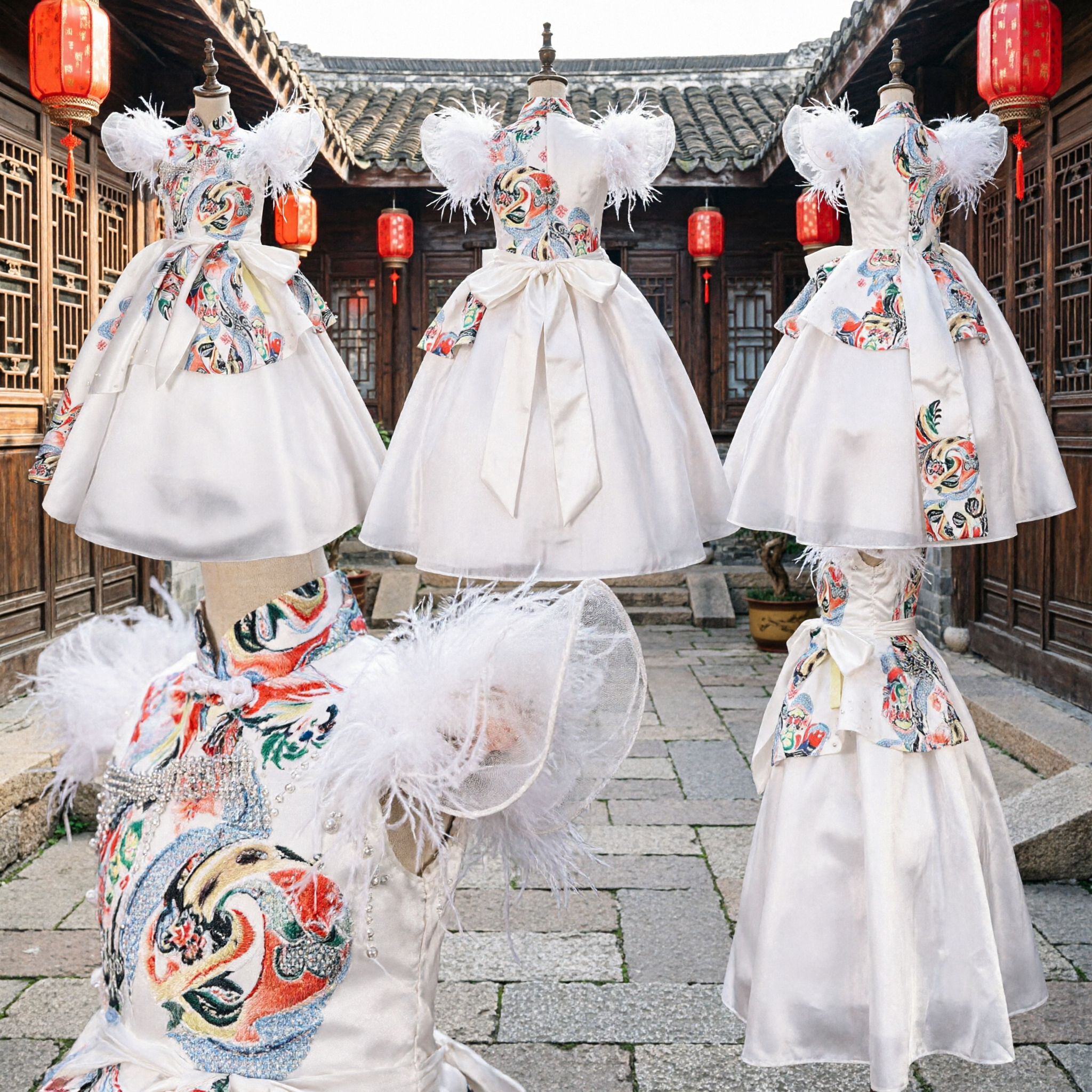 Kids Girls Chinese Traditional Hanfu Princess Dress White Flower Girl Wedding Gown with Feathers - Asian Costume