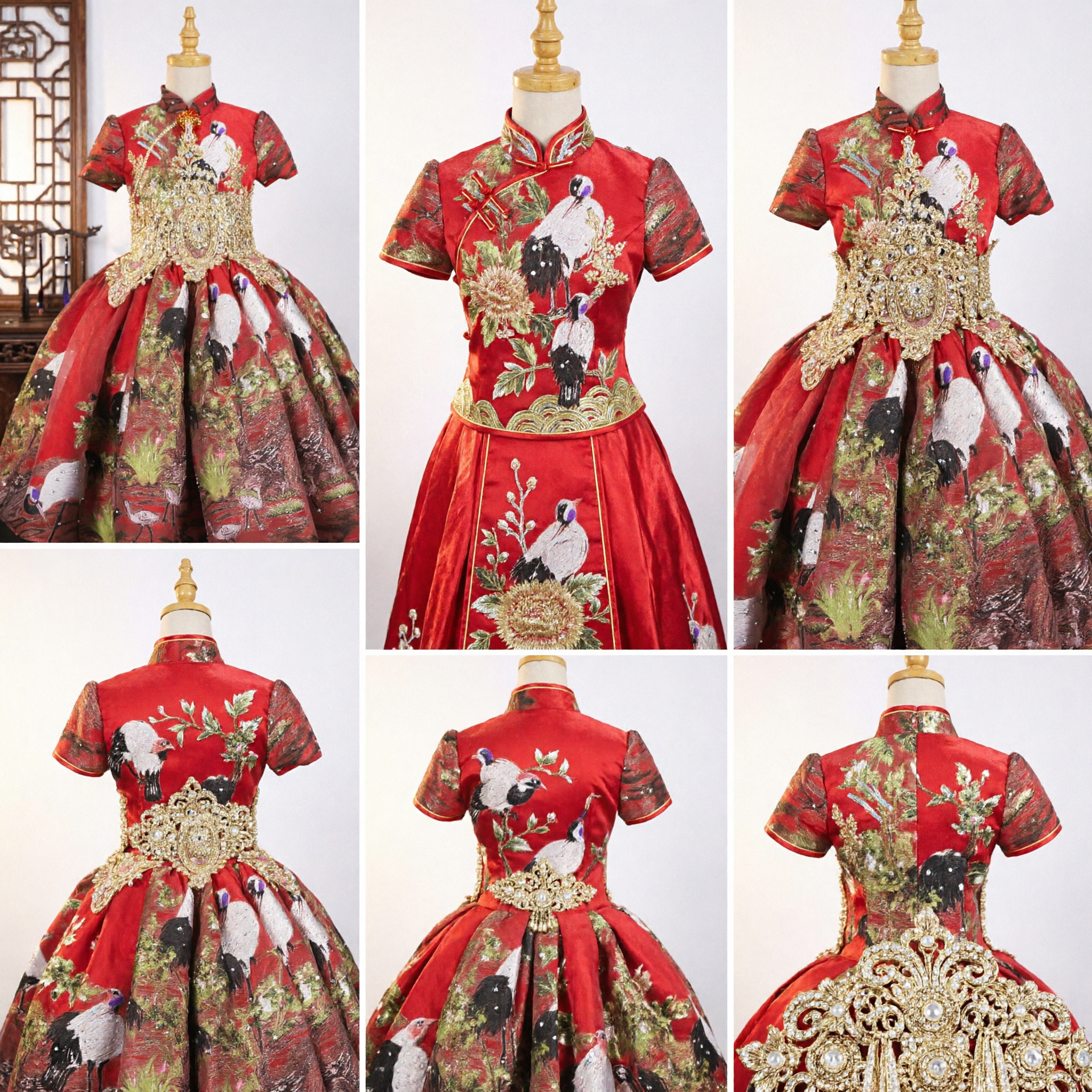 Traditional Chinese Red Cheongsam Princess Dress for Girls with Crane Embroidery for Wedding Flower Girl - Asian Costume