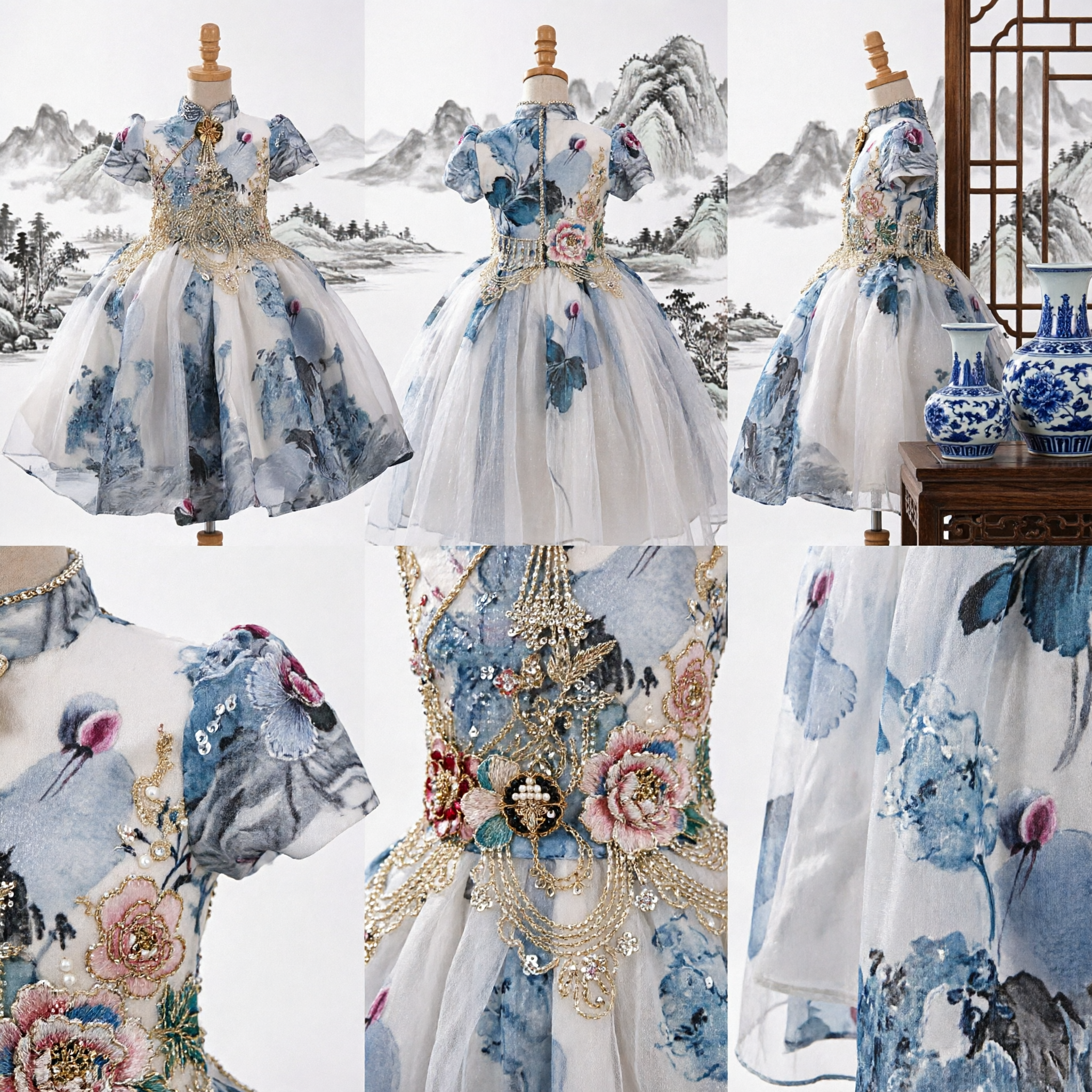 Girls Traditional Chinese Cheongsam Dress Blue Porcelain Print Gold Embroidery Ballgown for Wedding Flower Girl Party - Asian Costume