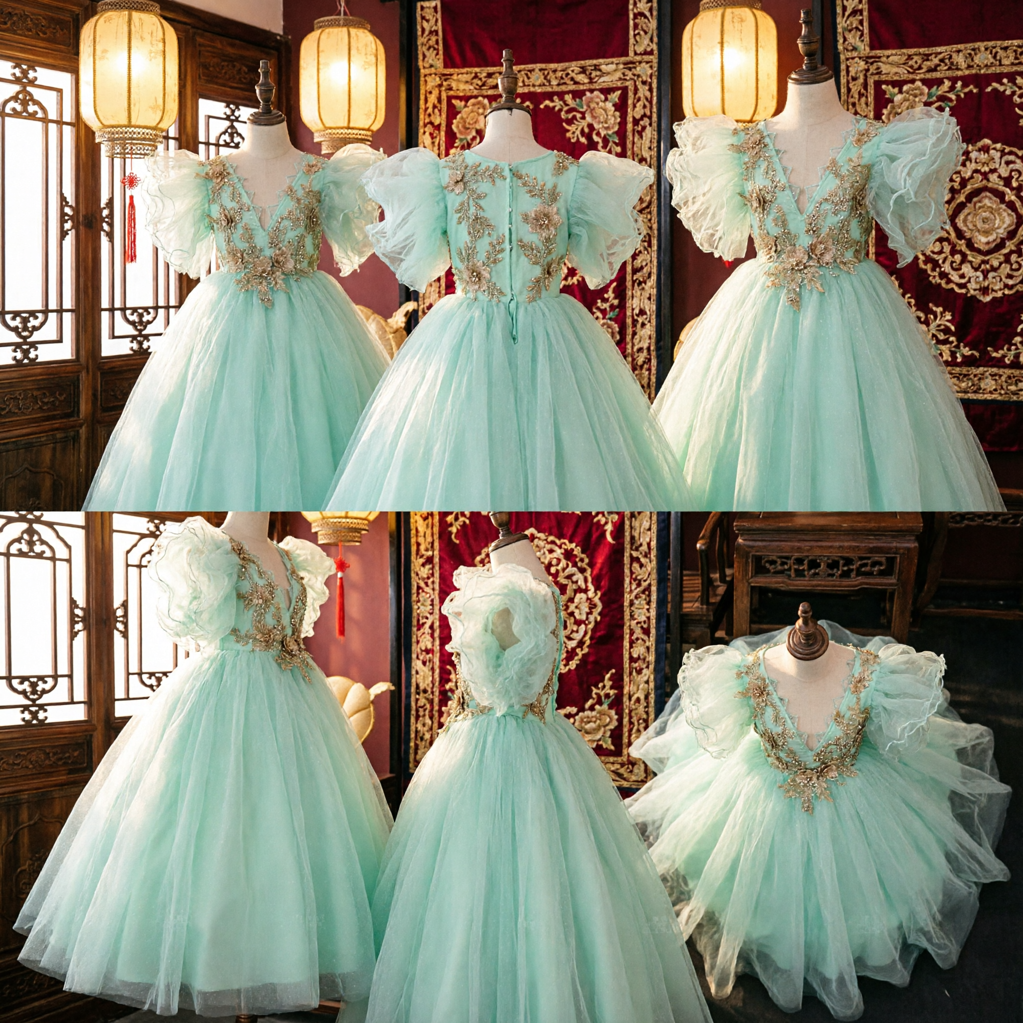 Elegant Mint Green Tulle Ball Gown with Gold Applique Puff Sleeves for Quinceañera Prom Pageant - Asian Costume