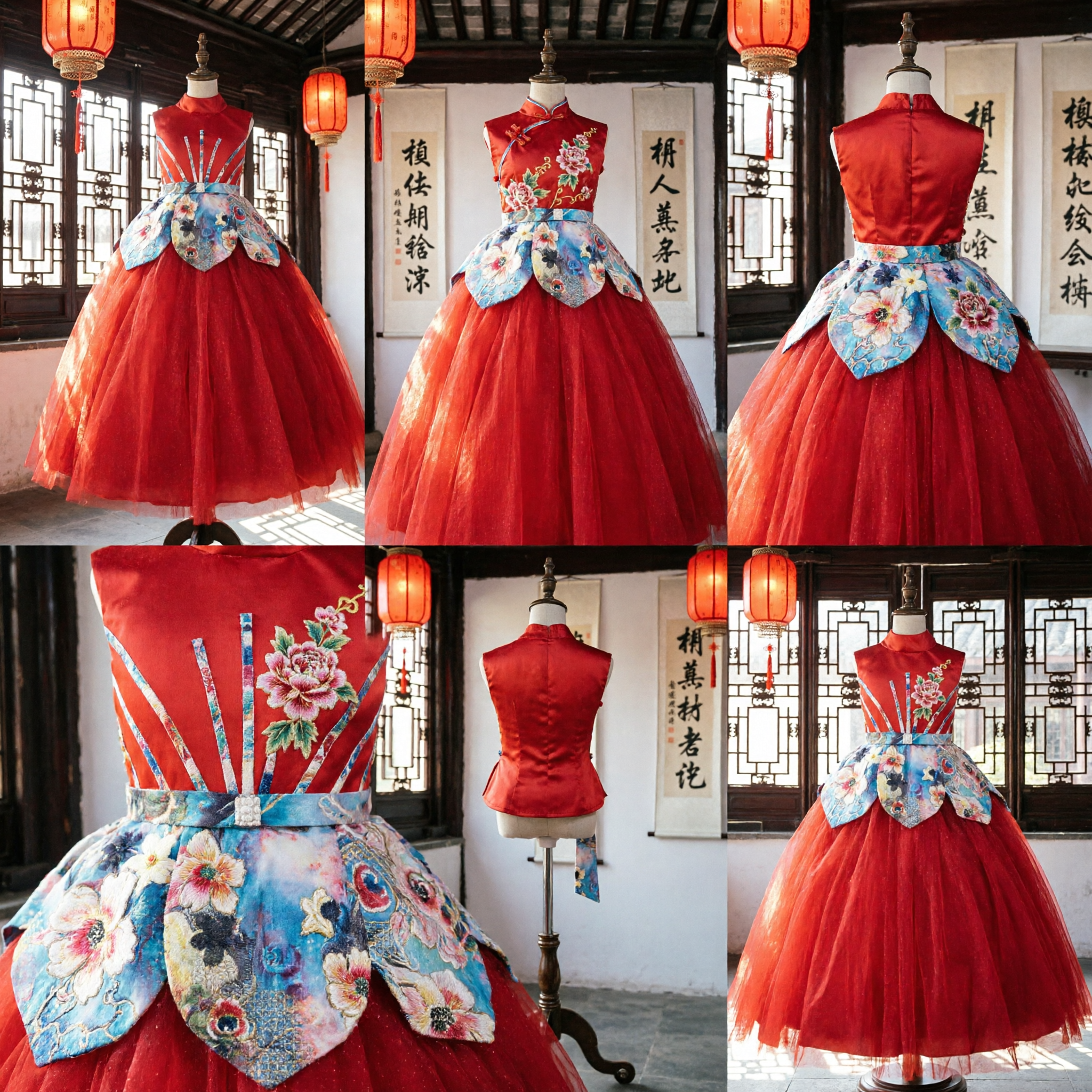 Traditional Chinese Red Cheongsam Dress for Girls Kids Wedding Flower Girl Tulle Ballgown Stage Performance Costume - Asian Costume