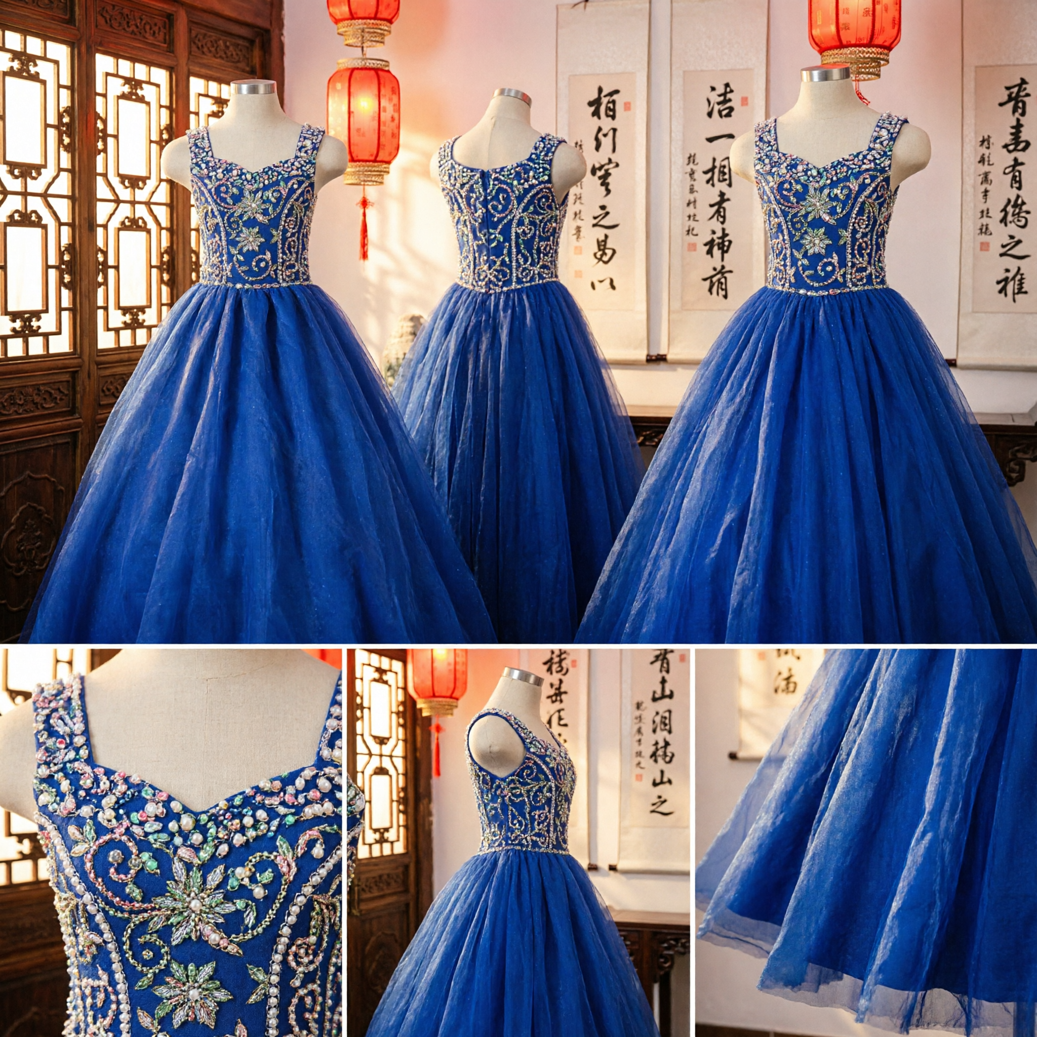 Royal Blue Long Flower Girl Dress Embroidered Beaded Bodice Tulle Ball Gown for Wedding Pageant - Asian Costume