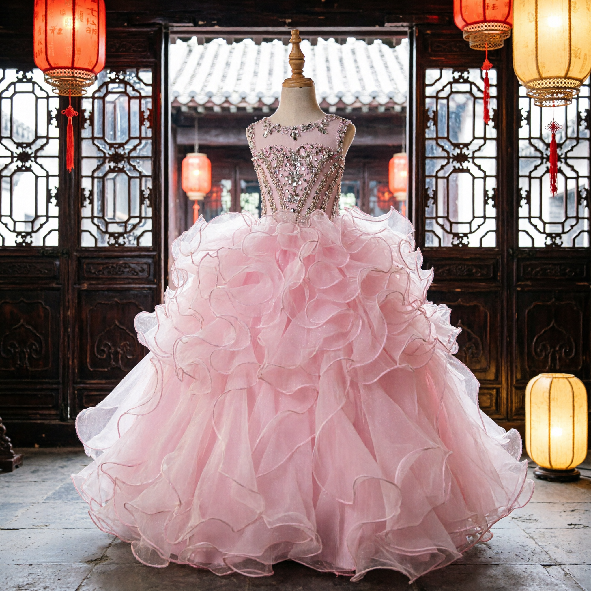 Pink Princess Ball Gown Flower Girl Dress for Kids Pageant Wedding Party Sequined Ruffled Tulle Skirt - Asian Costume