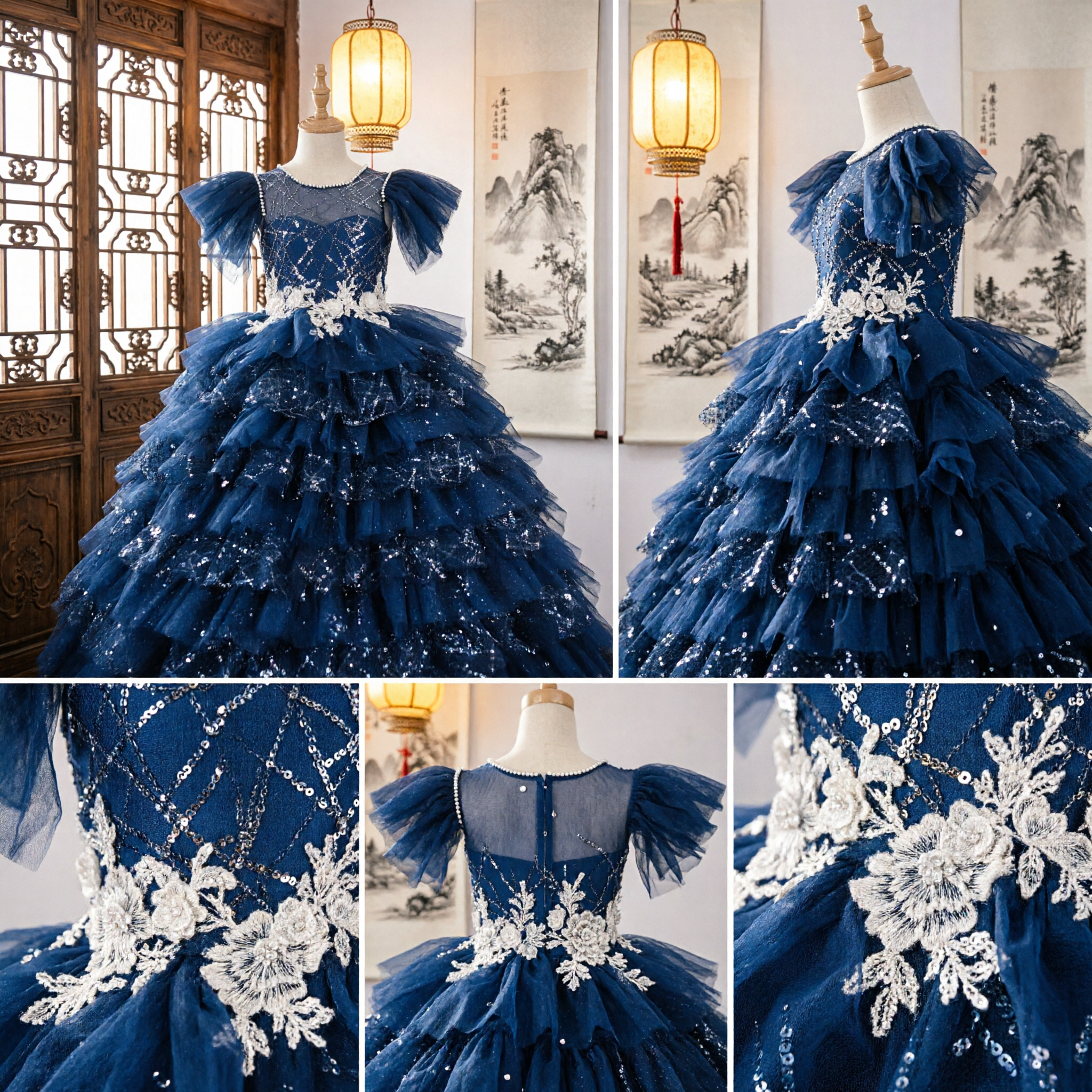Navy Blue Sequined Layered Tulle Ball Gown Dress for Girls Wedding Flower Girl Pageant Princess Costume - Asian Costume