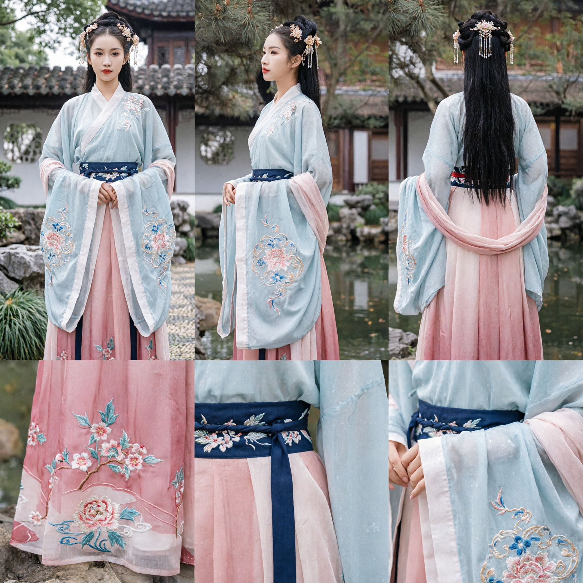 Chinese Traditional Hanfu Dress for Women Ancient Song Dynasty Style Fairy Costume Pink Gradient Skirt Blue Top - Asian Costume