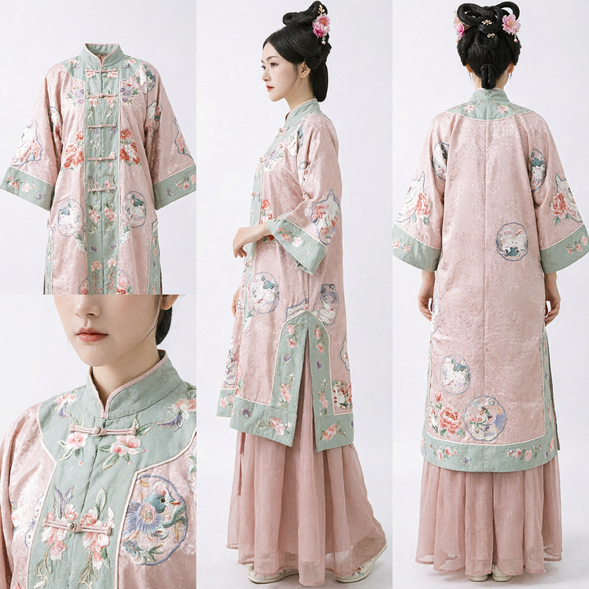 Traditional Chinese Hanfu Clothing Embroidered Floral Jacket and Tulle Skirt Set Ancient Costume for Women - Asian Costume