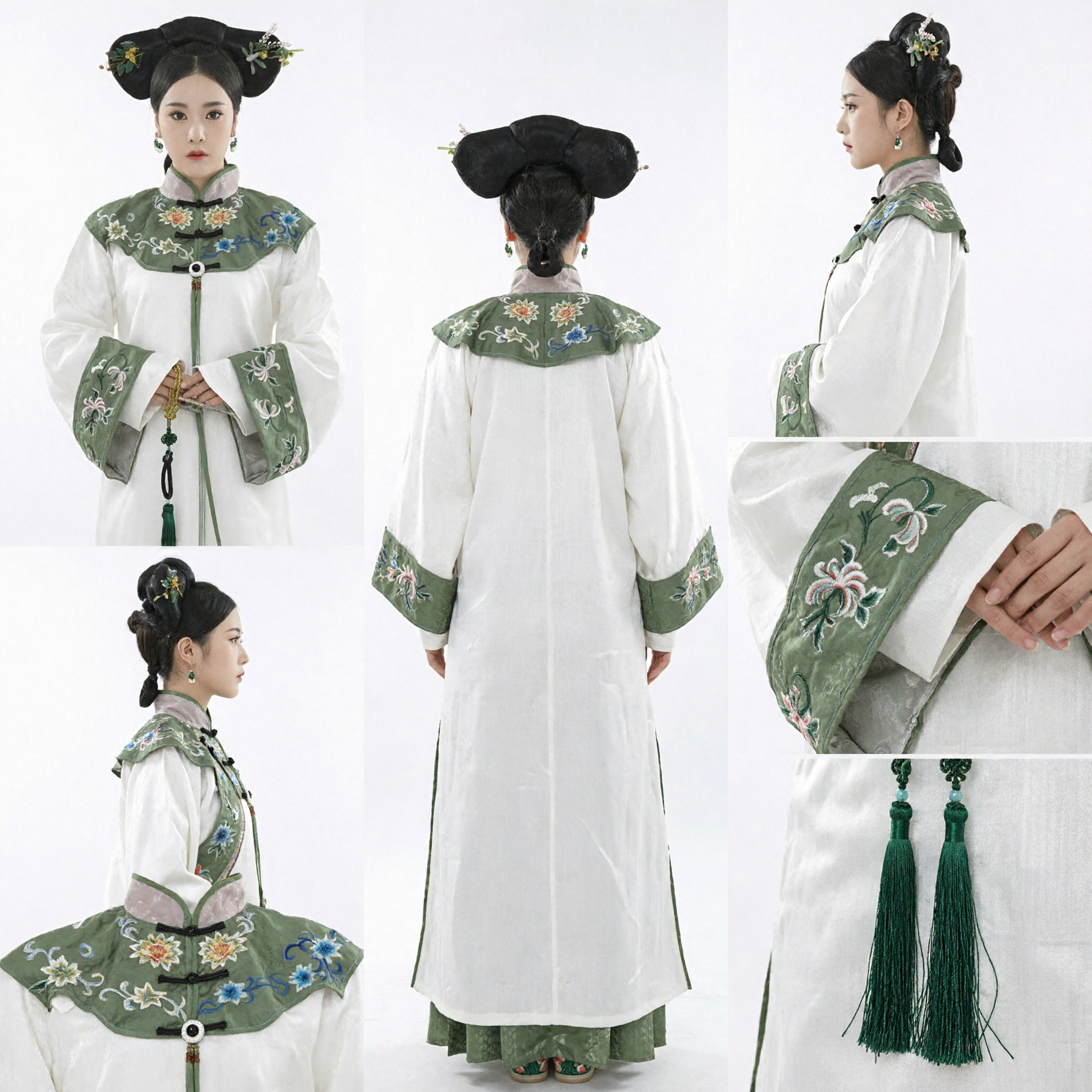 Traditional Chinese Qing Dynasty Imperial Concubine Costume White Robe Green Embroidery for Women Historical Cosplay - Asian Costume