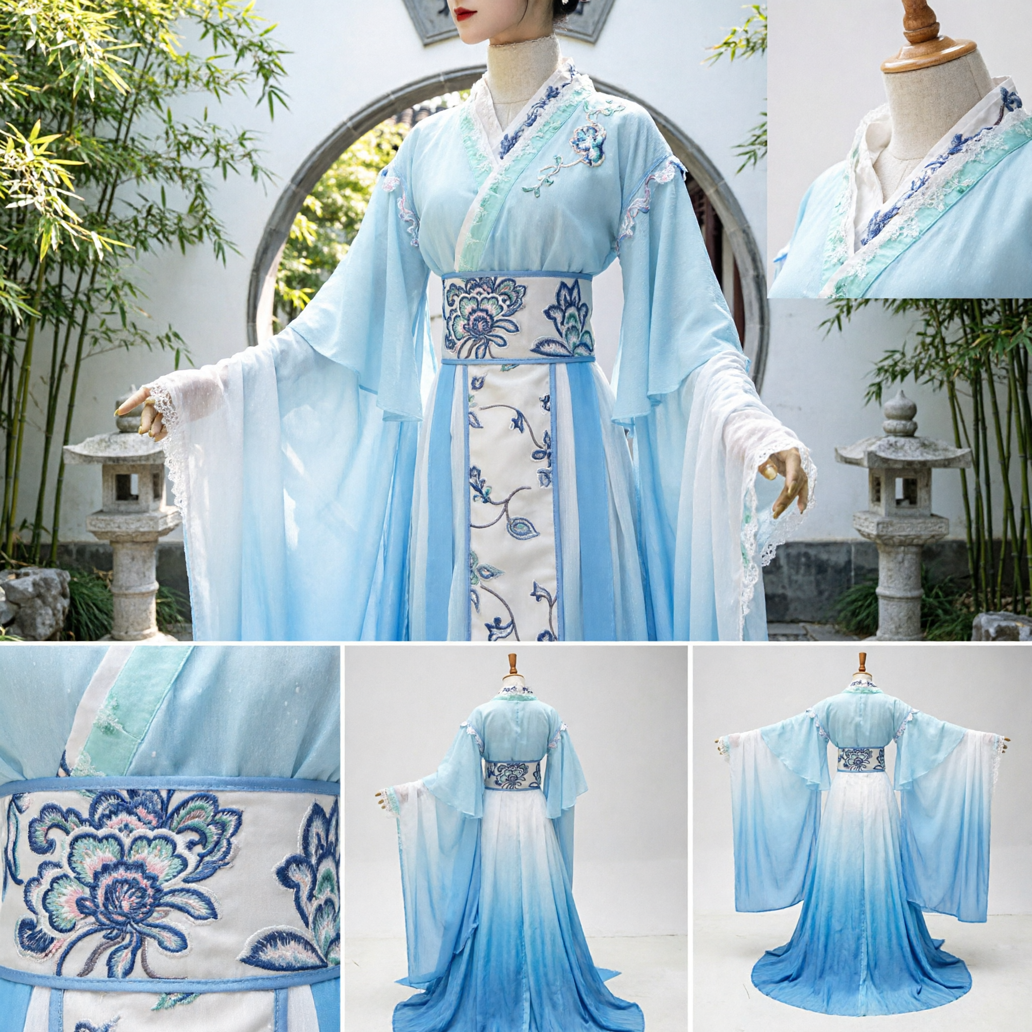 Elegant Blue Gradient Hanfu Traditional Chinese Ancient Costume Embroidered Fairy Dress for Women Cosplay Performance - Asian Costume