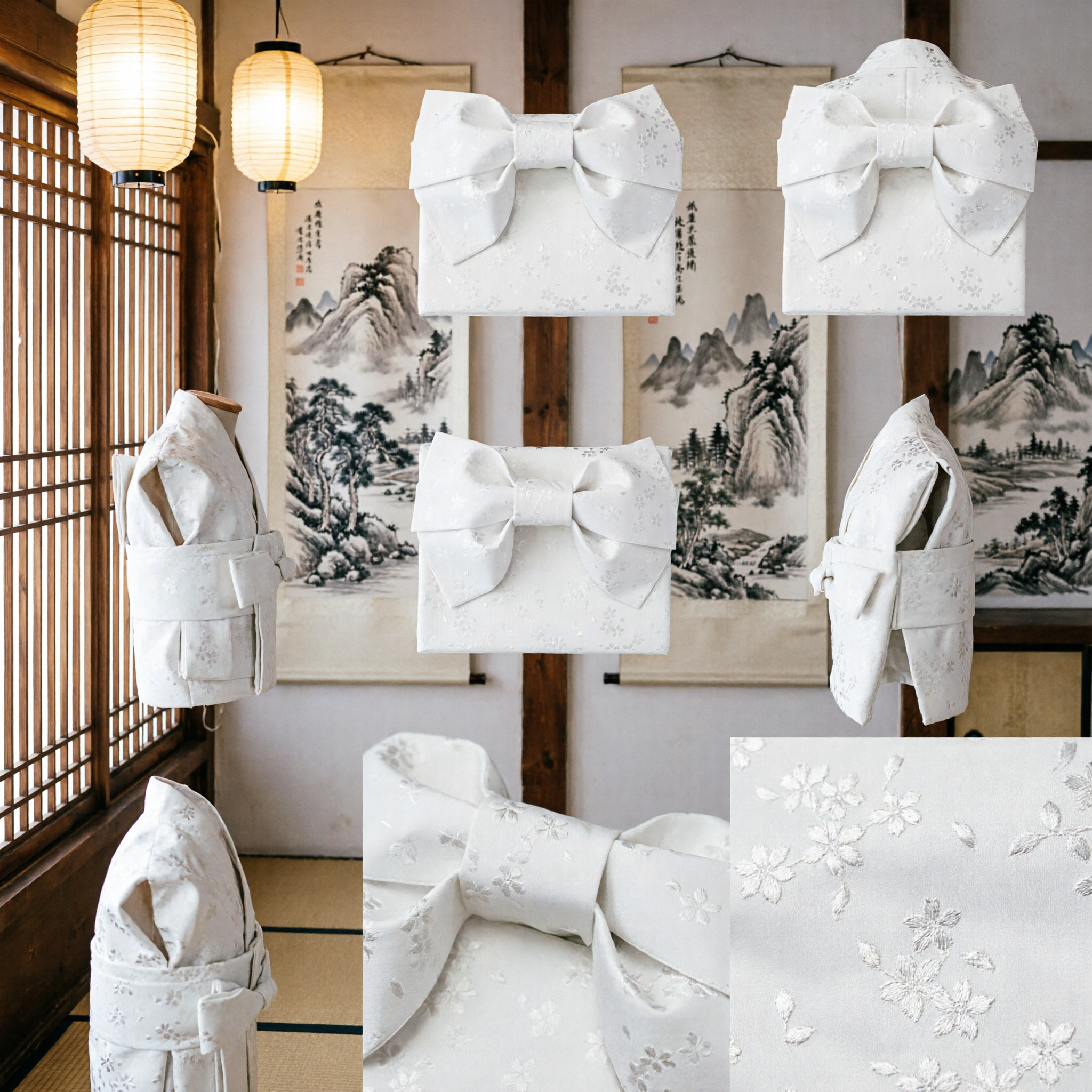 Exquisite White Floral Pattern Bow Sash for Traditional Japanese Kimono Yukata Hanfu Costume Wedding Accessory - Asian Costume