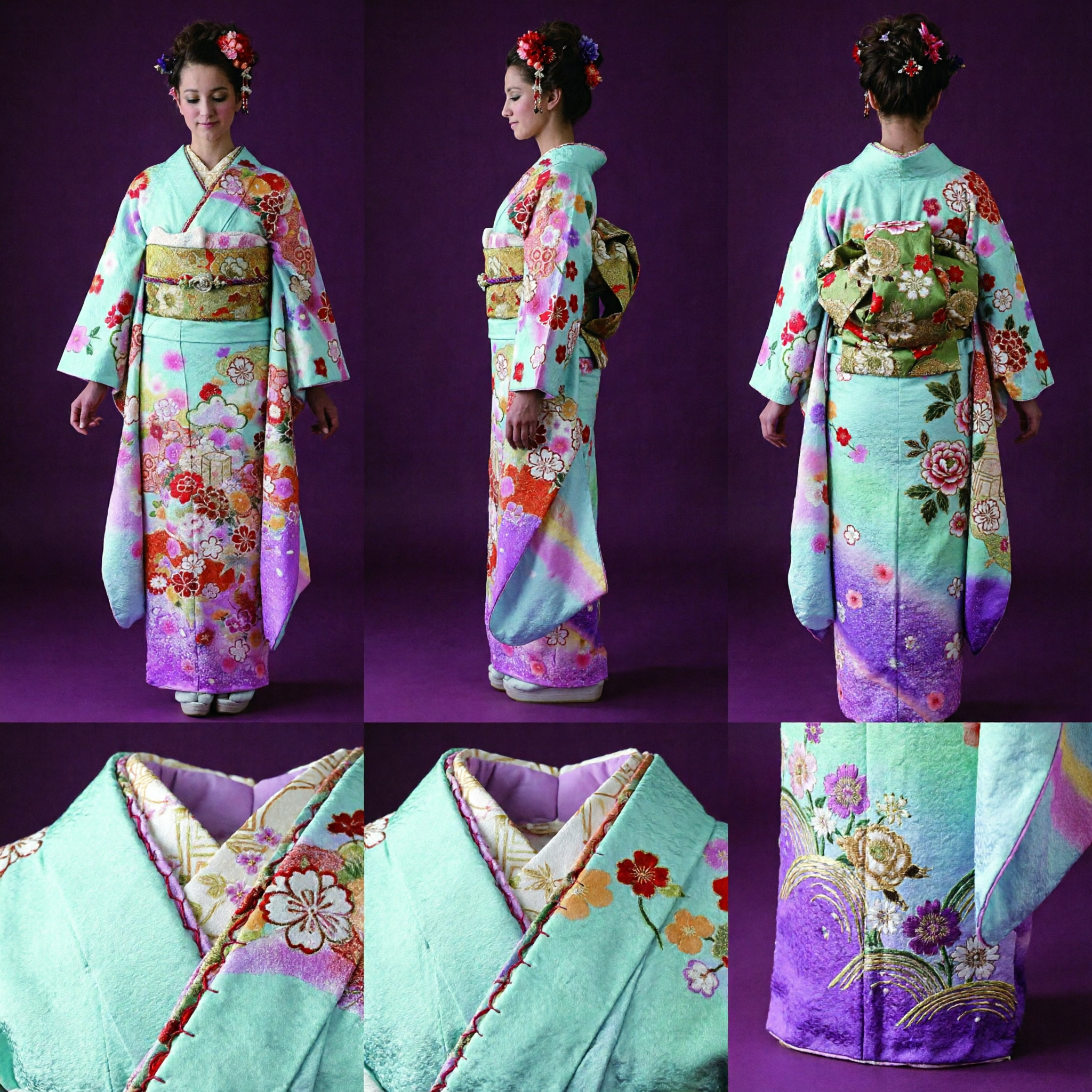 Women's Traditional Japanese Kimono Floral Blue and Pink Gradient Full Set for Wedding Tea Ceremony Cosplay - Asian Costume